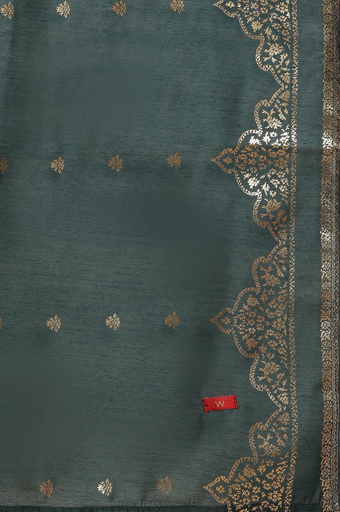 Green Flared Embroidered Kurta, Pants And Dupatta Set - Image 11