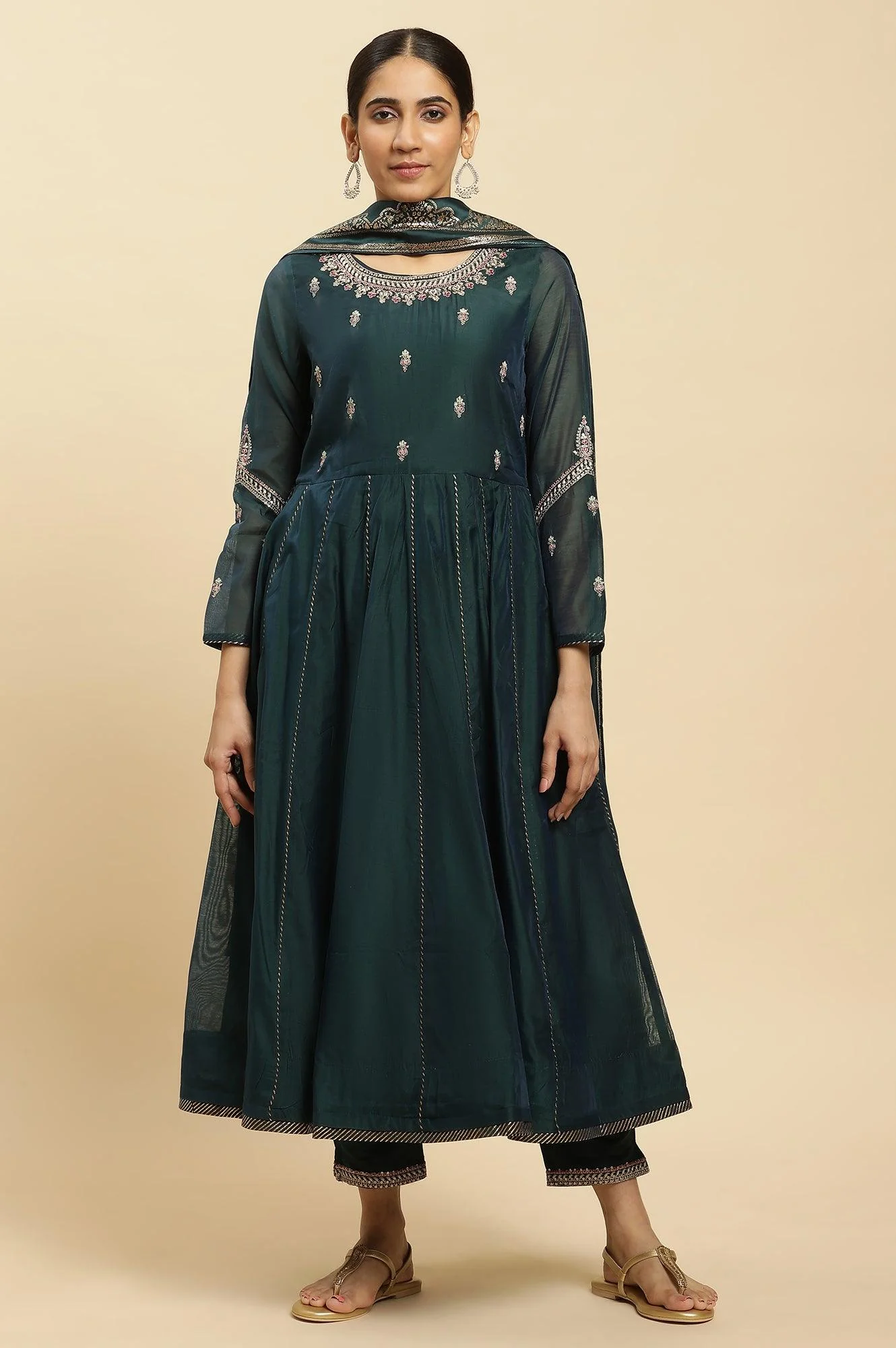 Green Flared Embroidered Kurta, Pants And Dupatta Set - Image 3