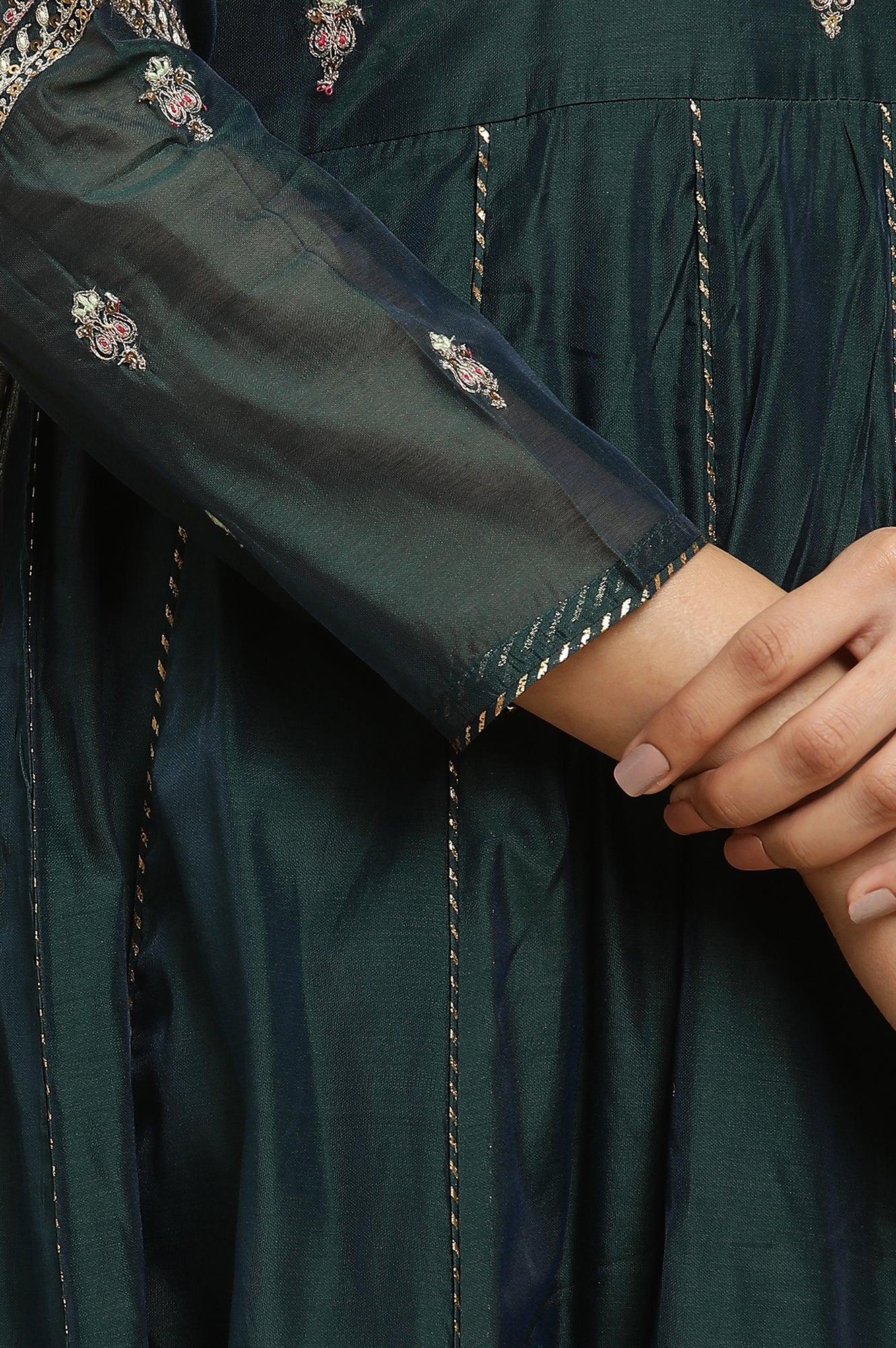 Green Flared Embroidered Kurta, Pants And Dupatta Set - Image 8