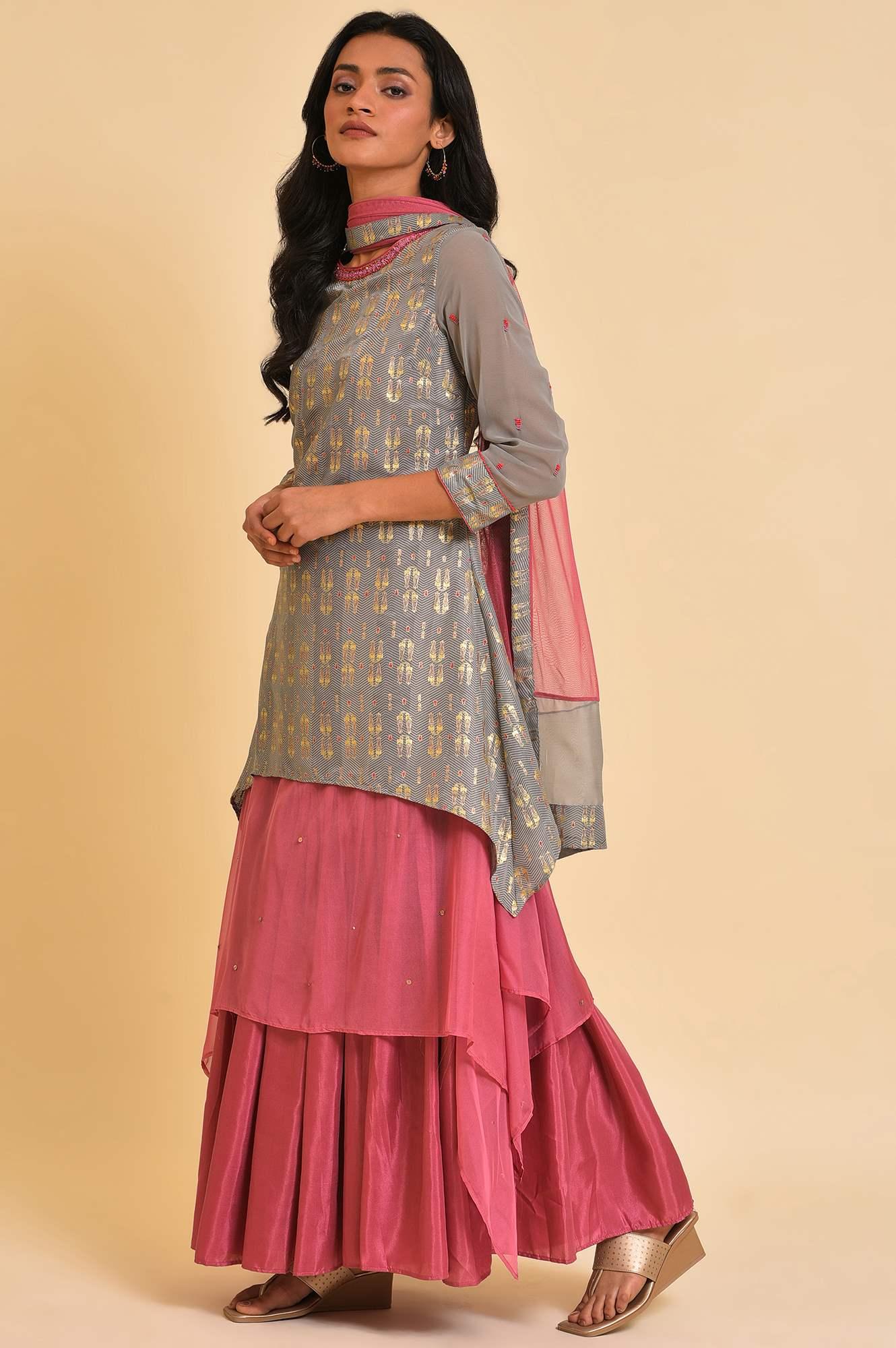 Grey And Pink Layered Asymmetric Dress & Dupatta Set - Image 3