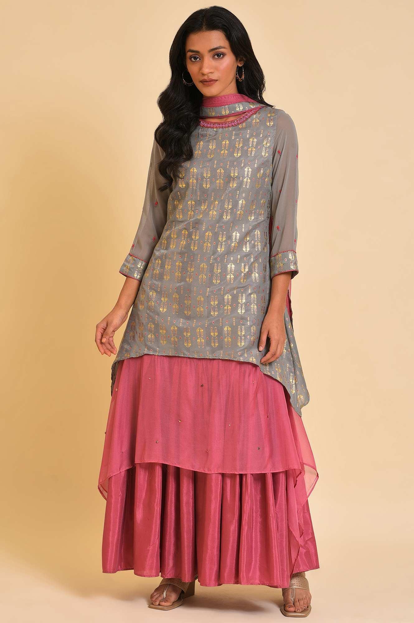 Grey And Pink Layered Asymmetric Dress & Dupatta Set - Image 7