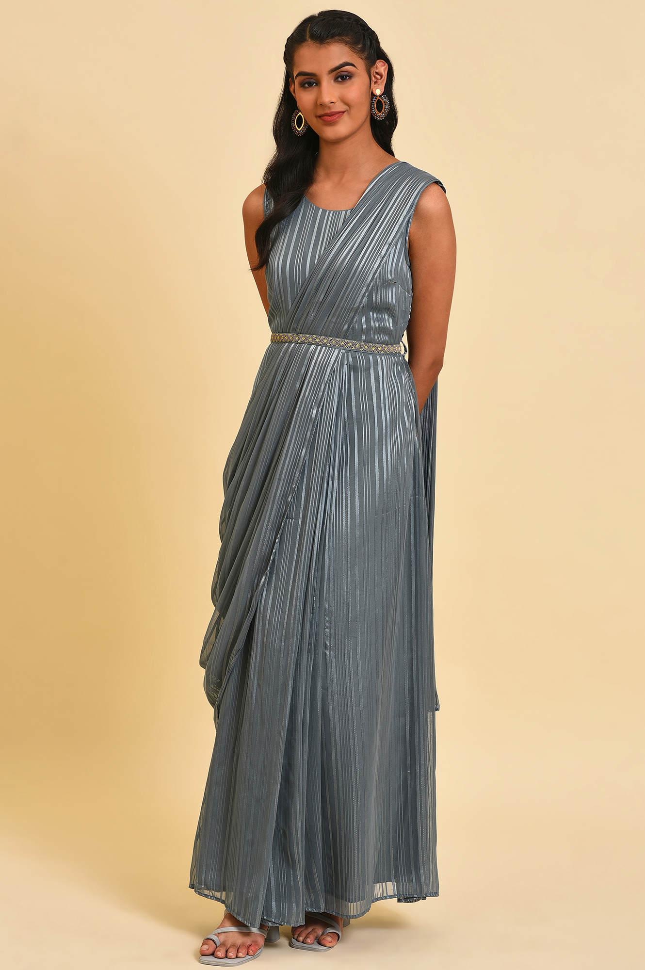 Grey Festive Predrape Saree With Short Jacket - Image 6