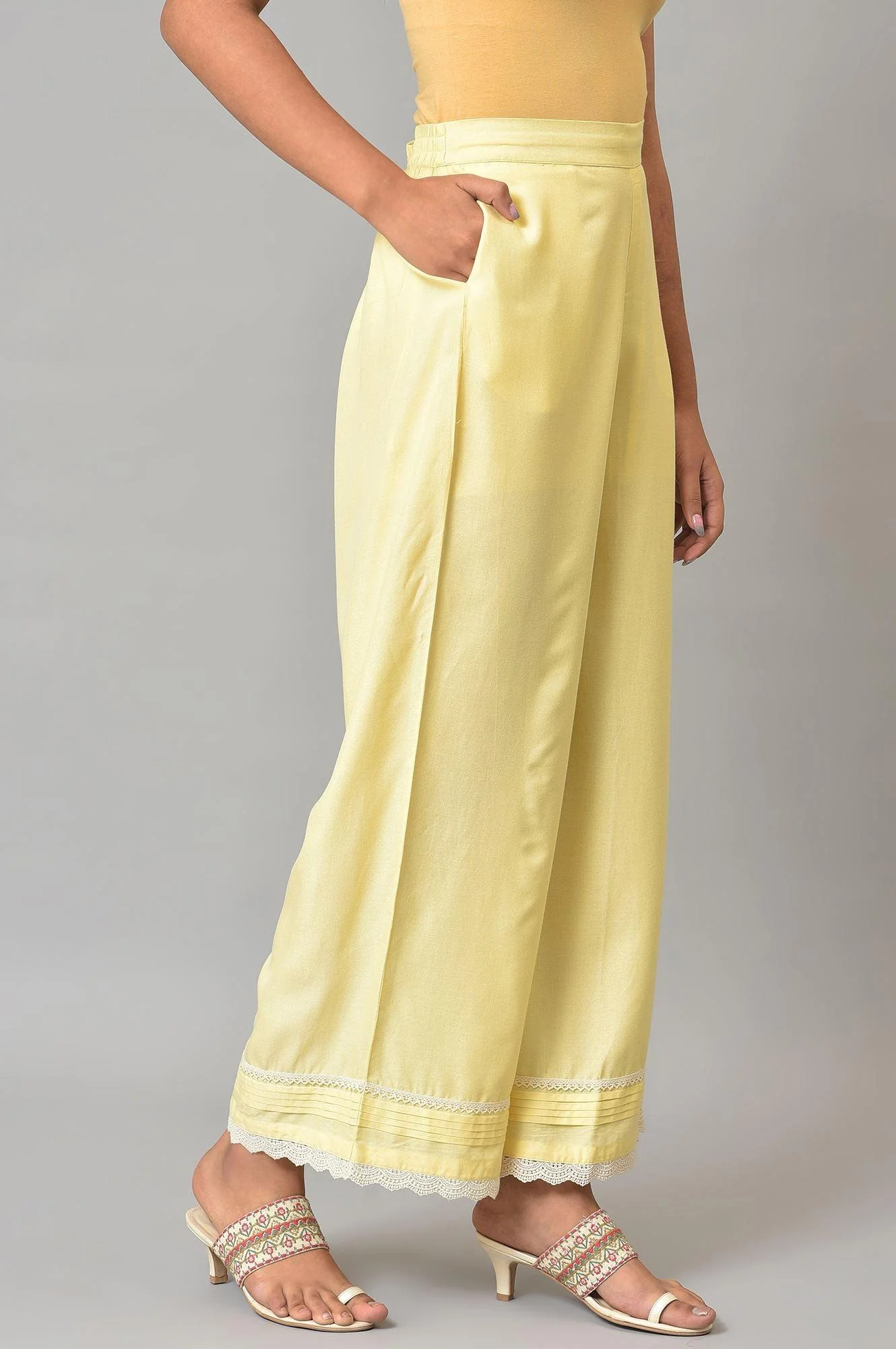 Lemonade Yellow Parallel Pants With Lace Border - Image 4