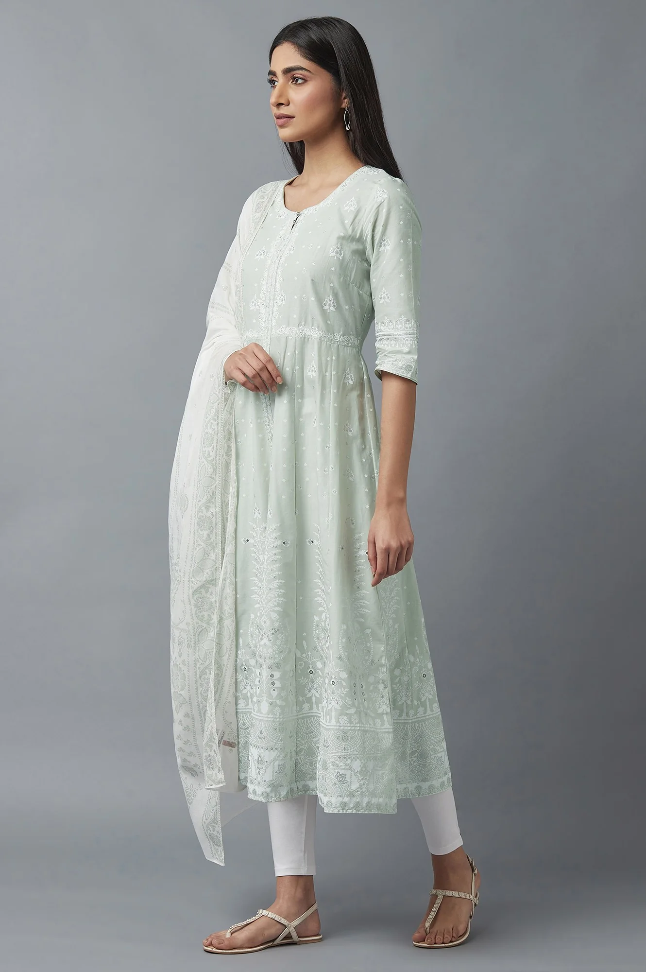 Light Green Printed kurta with Ecru Tights and Dupatta - Image 3