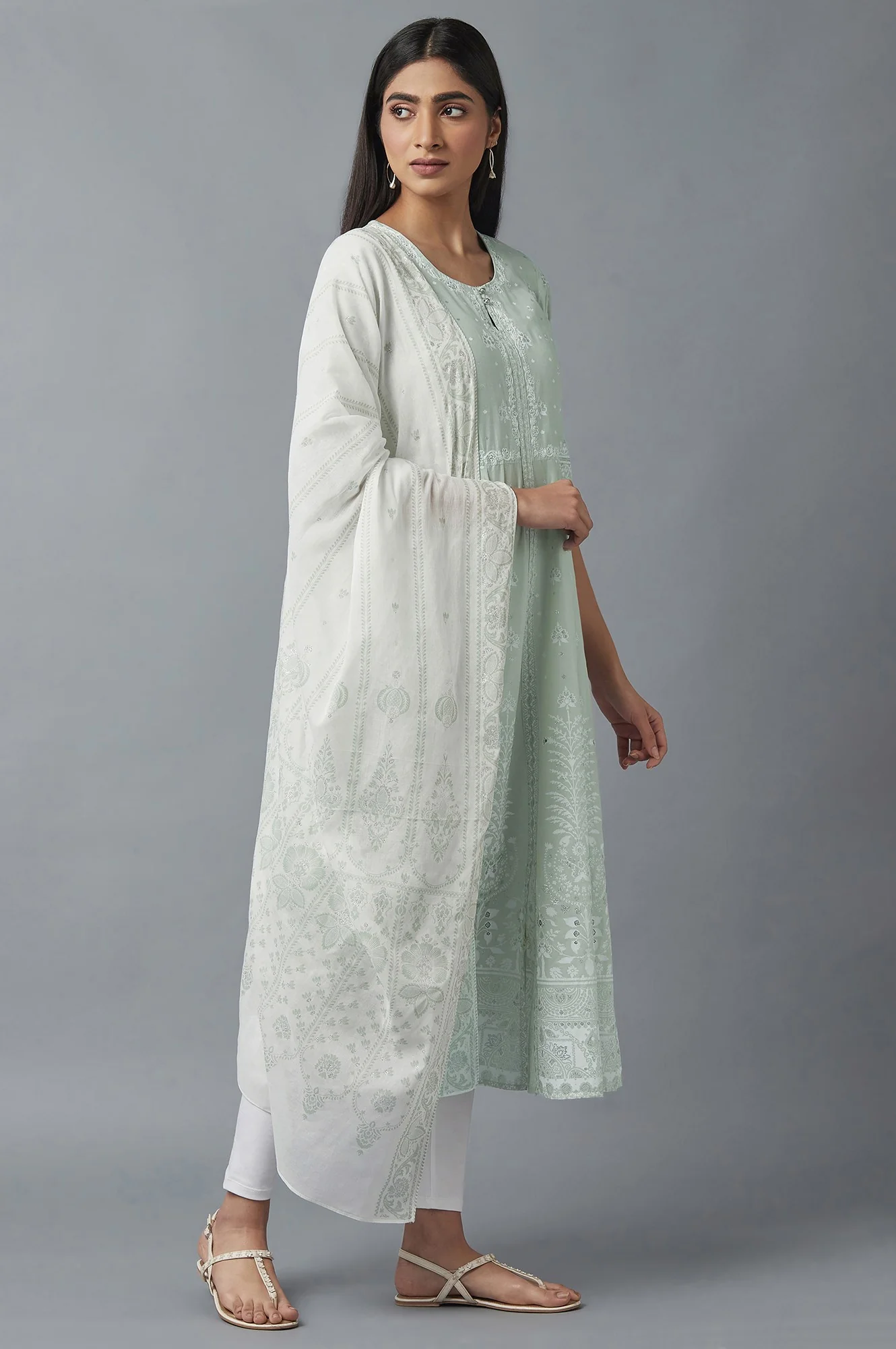 Light Green Printed kurta with Ecru Tights and Dupatta - Image 4