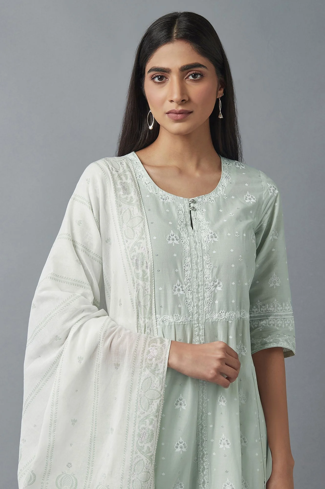 Light Green Printed kurta with Ecru Tights and Dupatta - Image 5