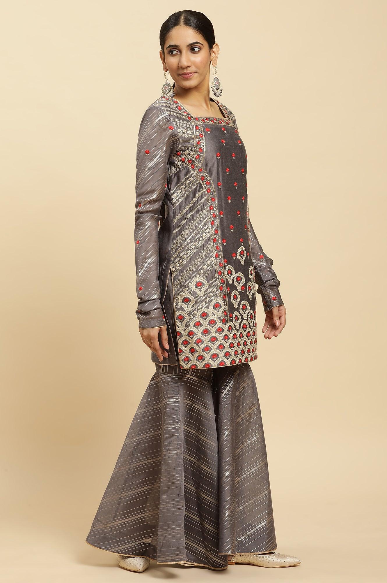 Light Grey Embroidered Heavy Festive Kurta And Sharara And Dupatta Set - Image 3