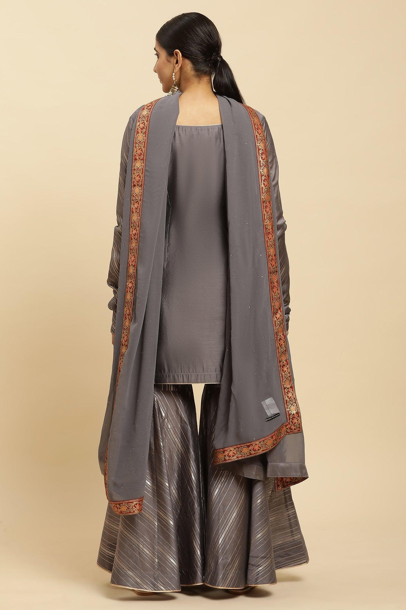 Light Grey Embroidered Heavy Festive Kurta And Sharara And Dupatta Set - Image 4