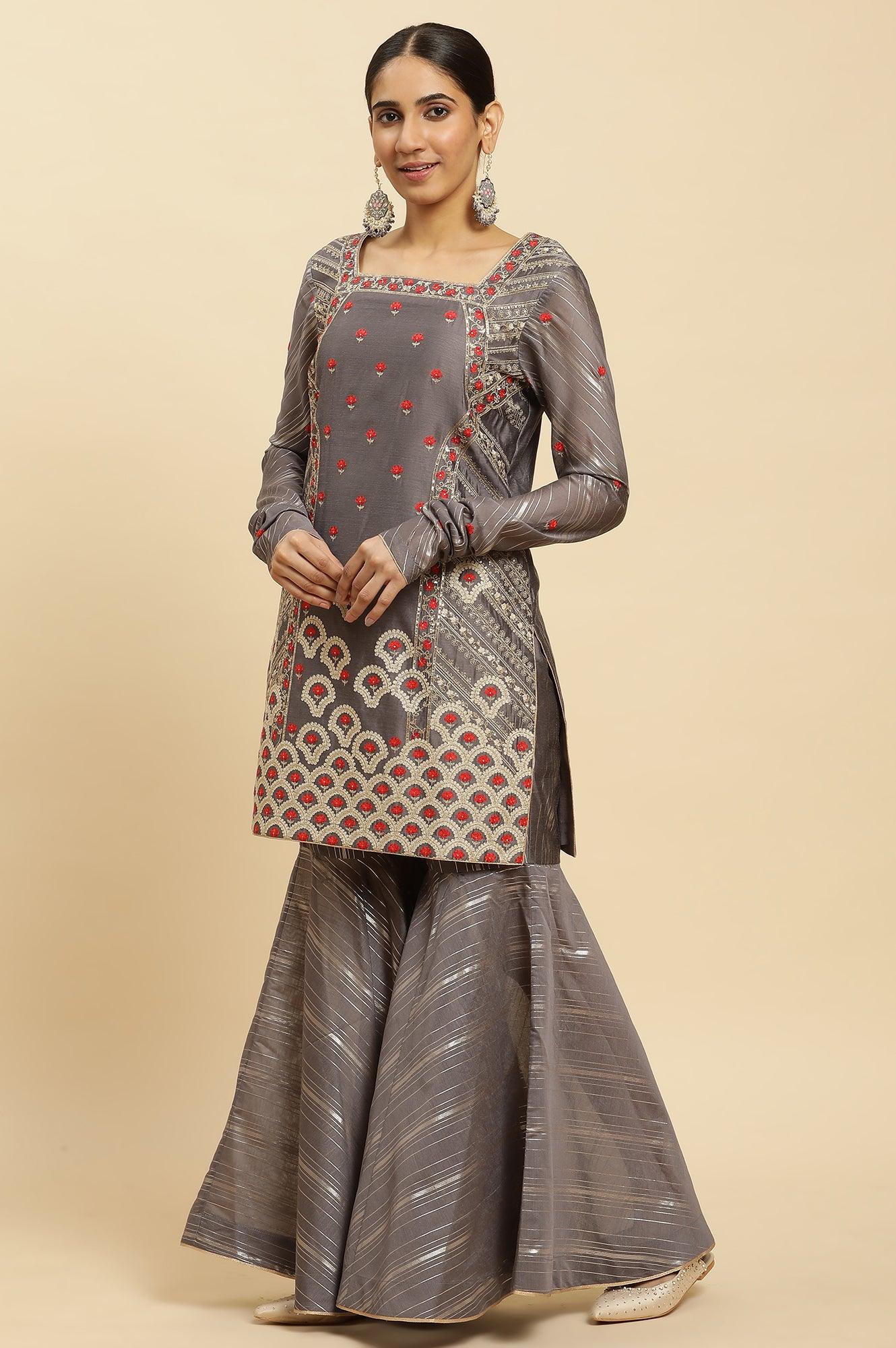 Light Grey Embroidered Heavy Festive Kurta And Sharara And Dupatta Set - Image 5