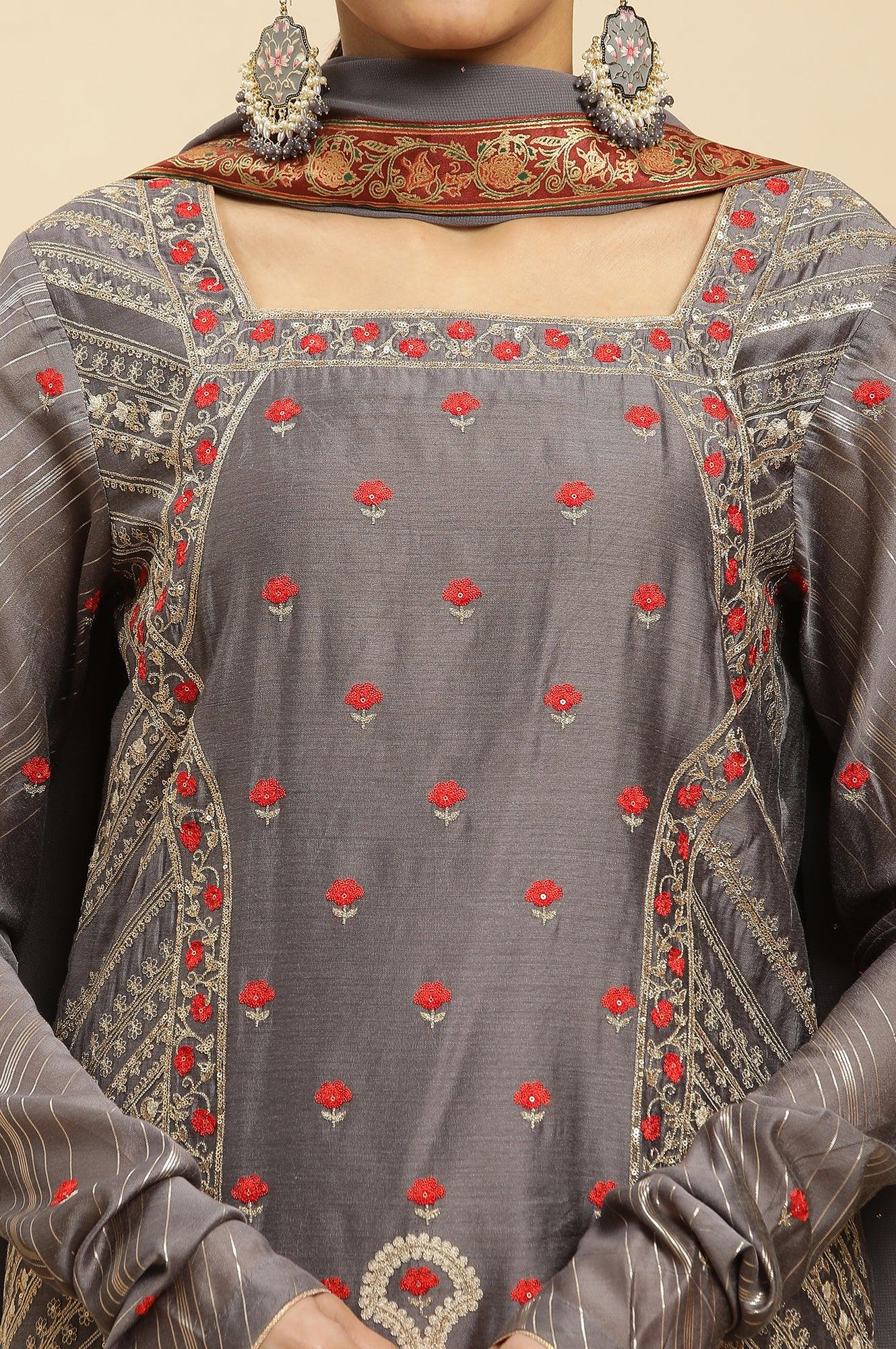 Light Grey Embroidered Heavy Festive Kurta And Sharara And Dupatta Set - Image 6