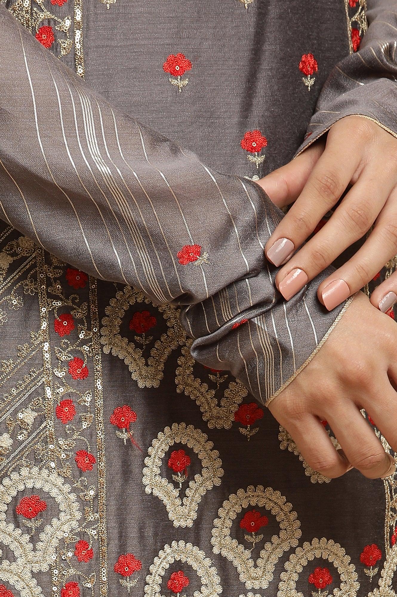 Light Grey Embroidered Heavy Festive Kurta And Sharara And Dupatta Set - Image 7