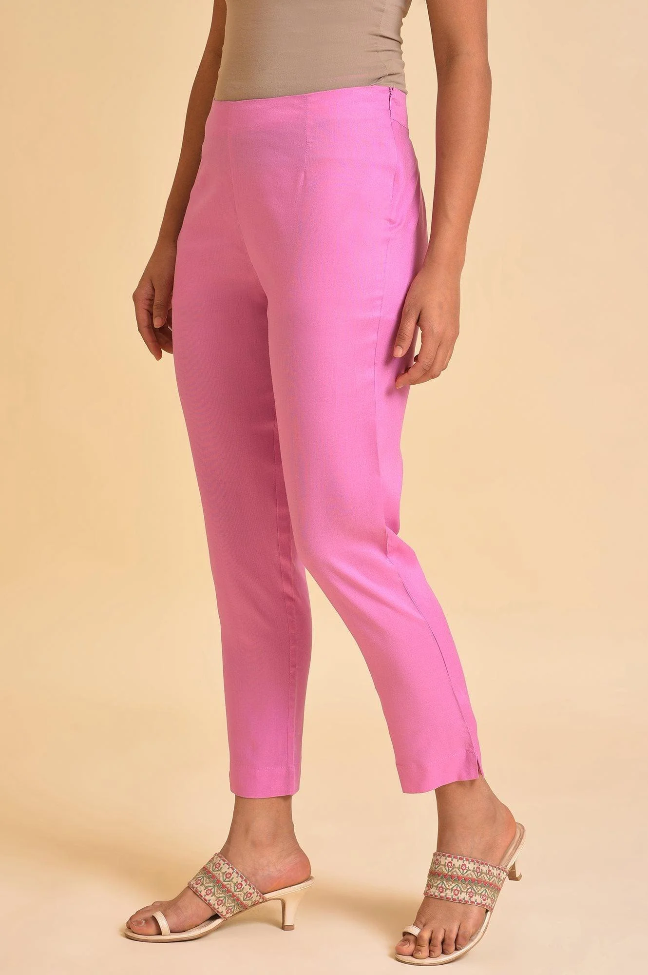 Light Pink Solid Straight Slim Pants - Image 3