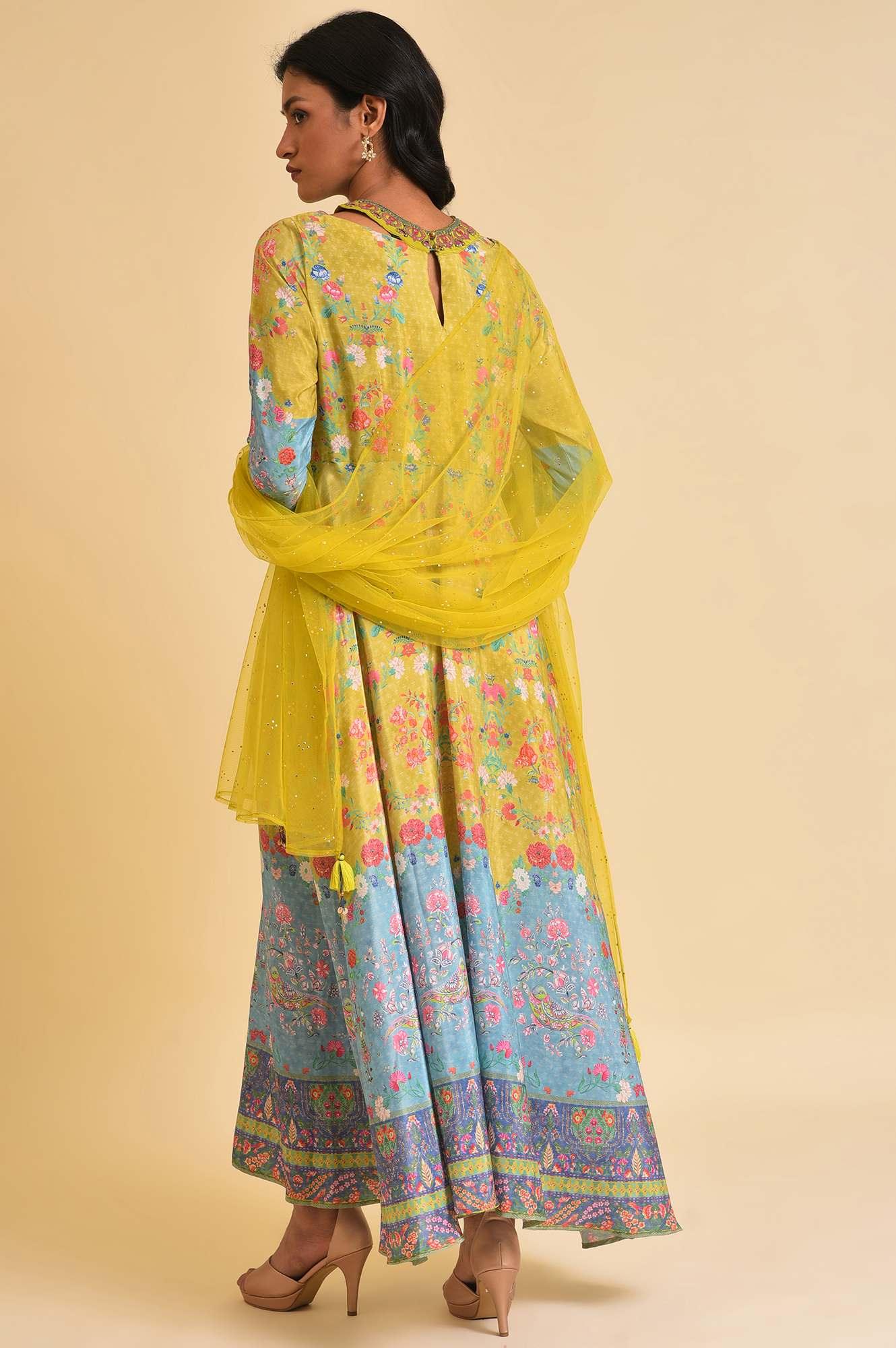 Lime Yellow Printed Long Dress & Dupatta Set - Image 3
