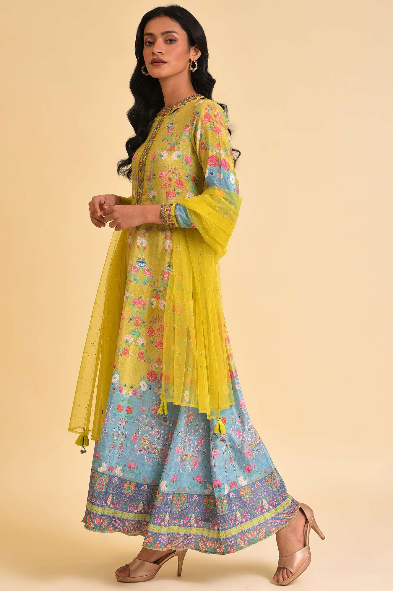 Lime Yellow Printed Long Dress & Dupatta Set - Image 4