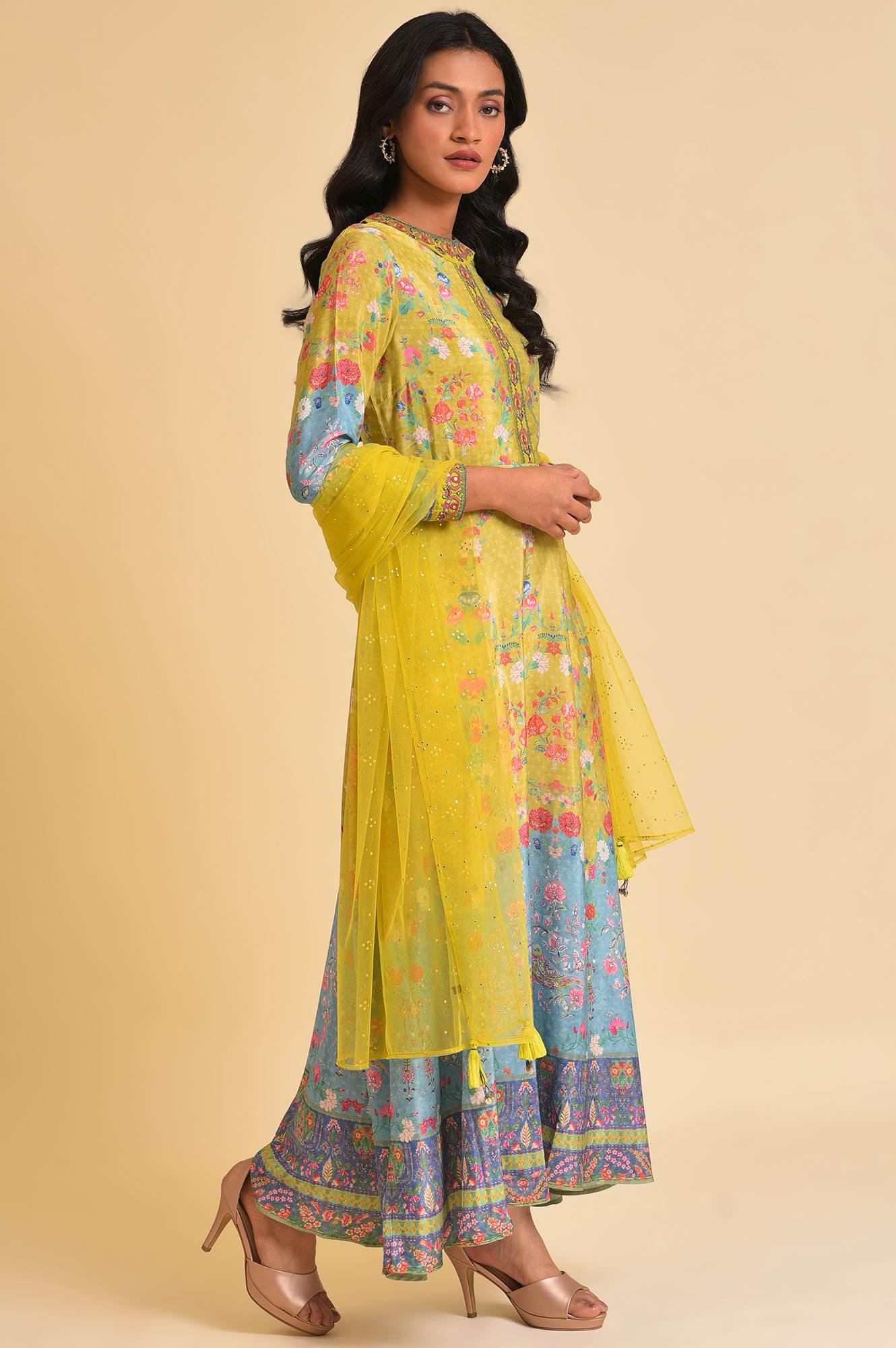Lime Yellow Printed Long Dress & Dupatta Set - Image 5