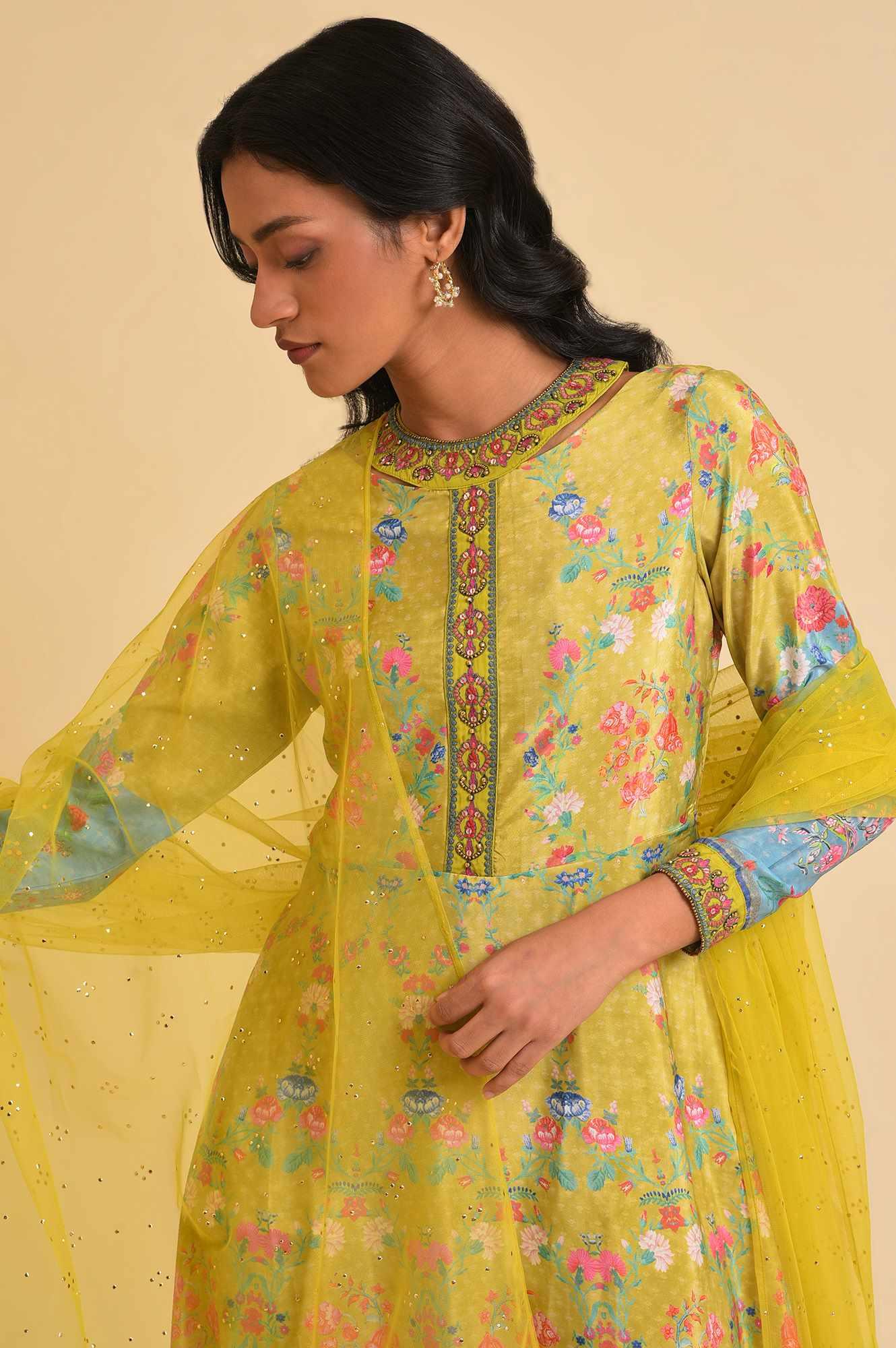 Lime Yellow Printed Long Dress & Dupatta Set - Image 6