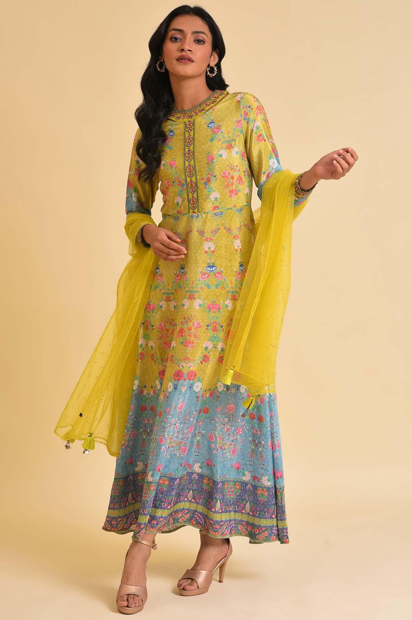 Lime Yellow Printed Long Dress & Dupatta Set - Image 8