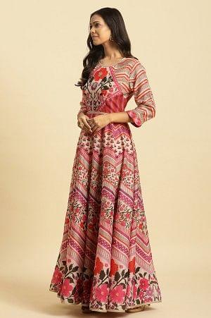 Multi-Coloured Floral Printed Anarkali Dress And Dupatta Set - Image 3