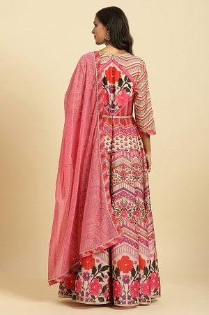 Multi-Coloured Floral Printed Anarkali Dress And Dupatta Set - Image 4
