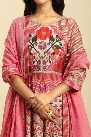 Multi-Coloured Floral Printed Anarkali Dress And Dupatta Set - Image 6