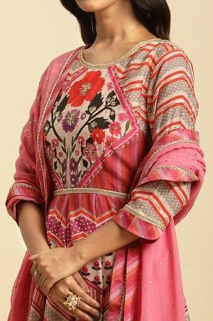 Multi-Coloured Floral Printed Anarkali Dress And Dupatta Set - Image 7