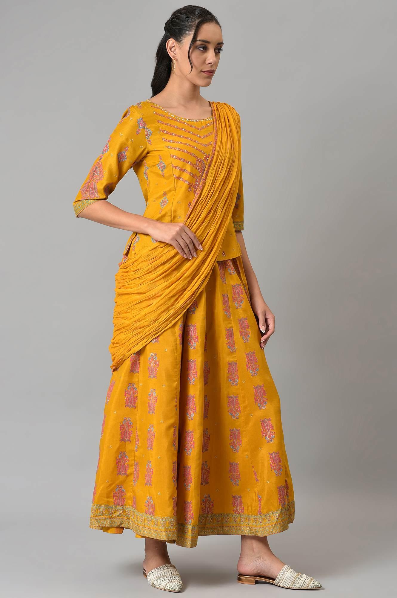 Mustard Festive A-Line Top With Culottes Having Attached Drape - Image 4