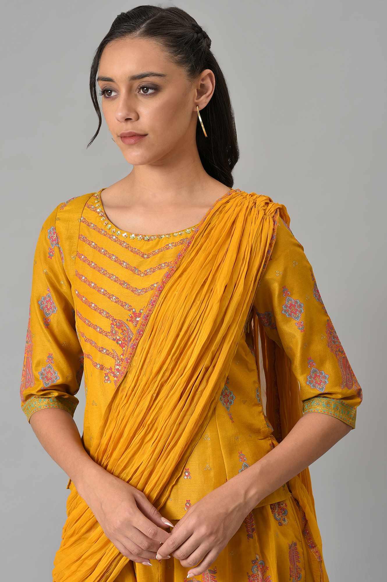 Mustard Festive A-Line Top With Culottes Having Attached Drape - Image 5