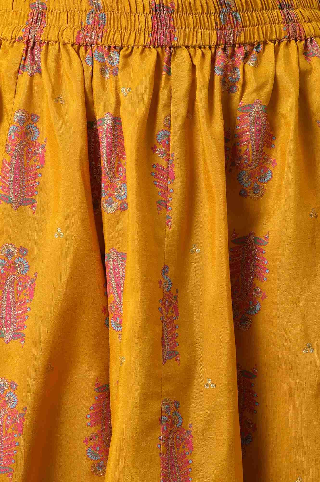 Mustard Festive A-Line Top With Culottes Having Attached Drape - Image 6