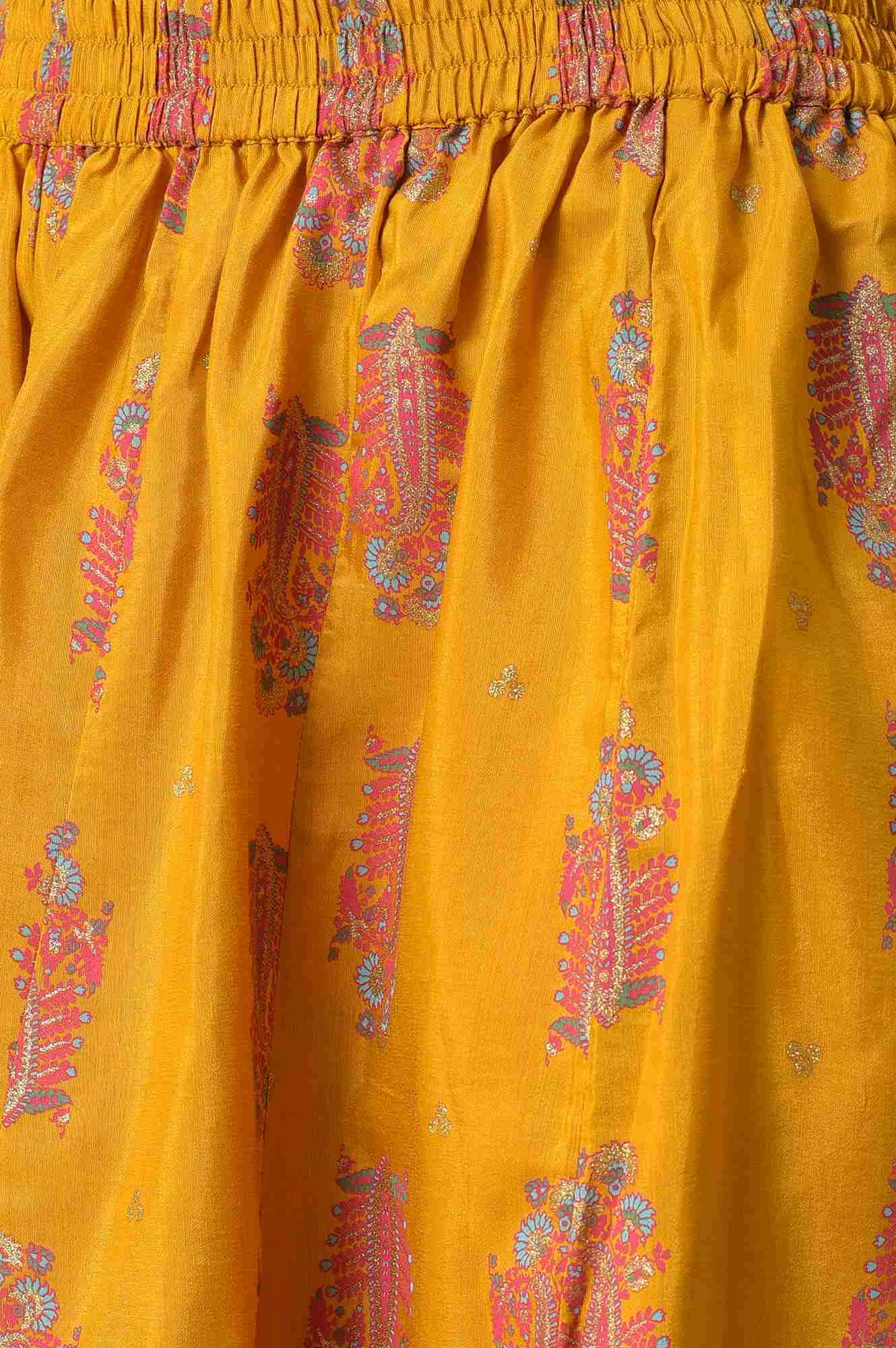 Mustard Festive A-Line Top With Culottes Having Attached Drape - Image 7