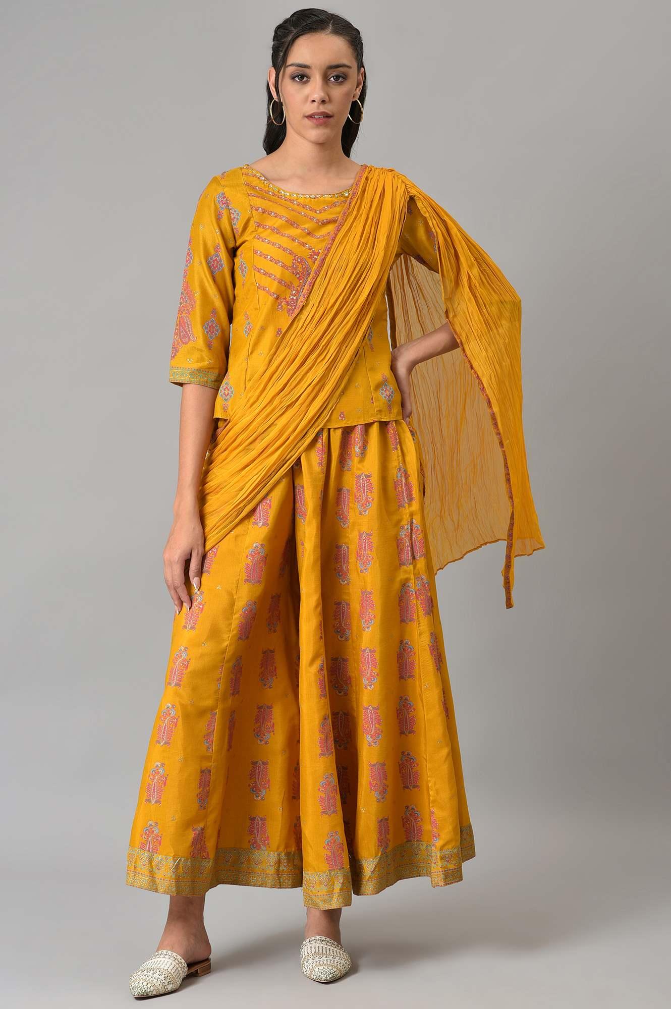 Mustard Festive A-Line Top With Culottes Having Attached Drape - Image 8