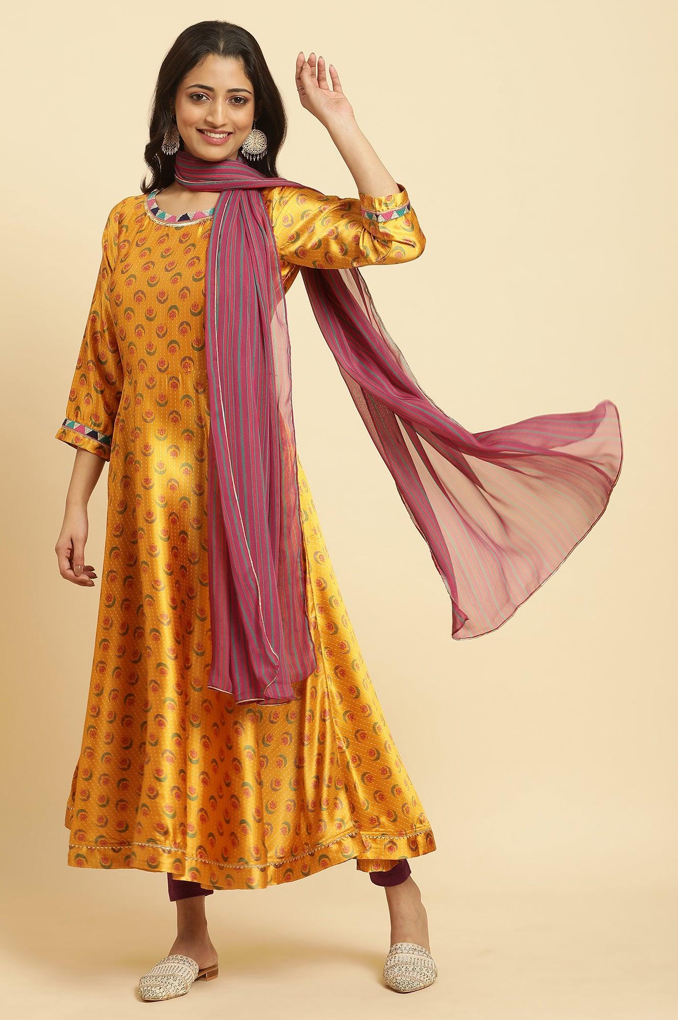 Yellow Floral Printed Satin Festive Anarkali Kurta and Leggings Set with Dupatta - Image 12