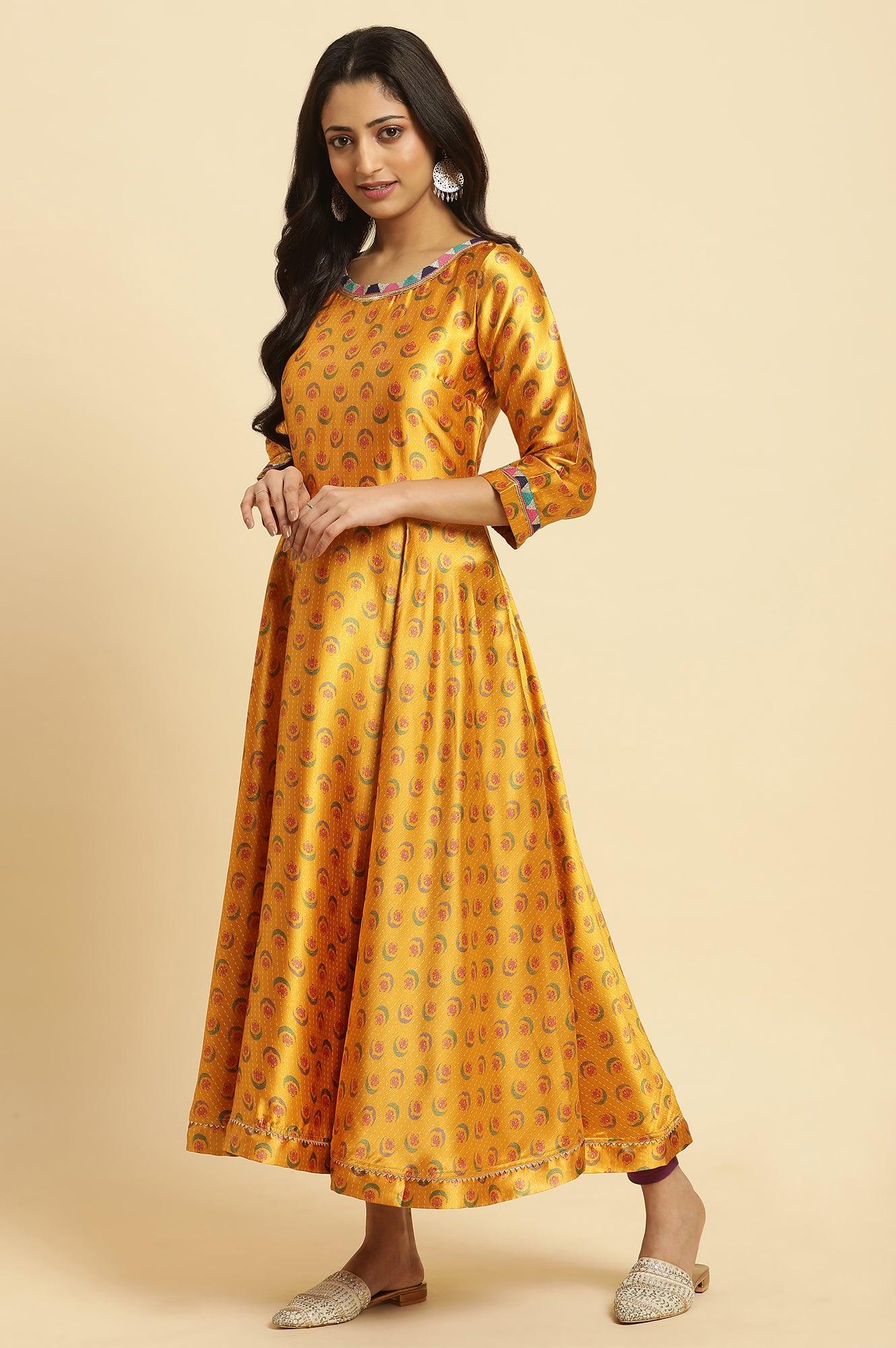 Yellow Floral Printed Satin Festive Anarkali Kurta and Leggings Set with Dupatta - Image 13