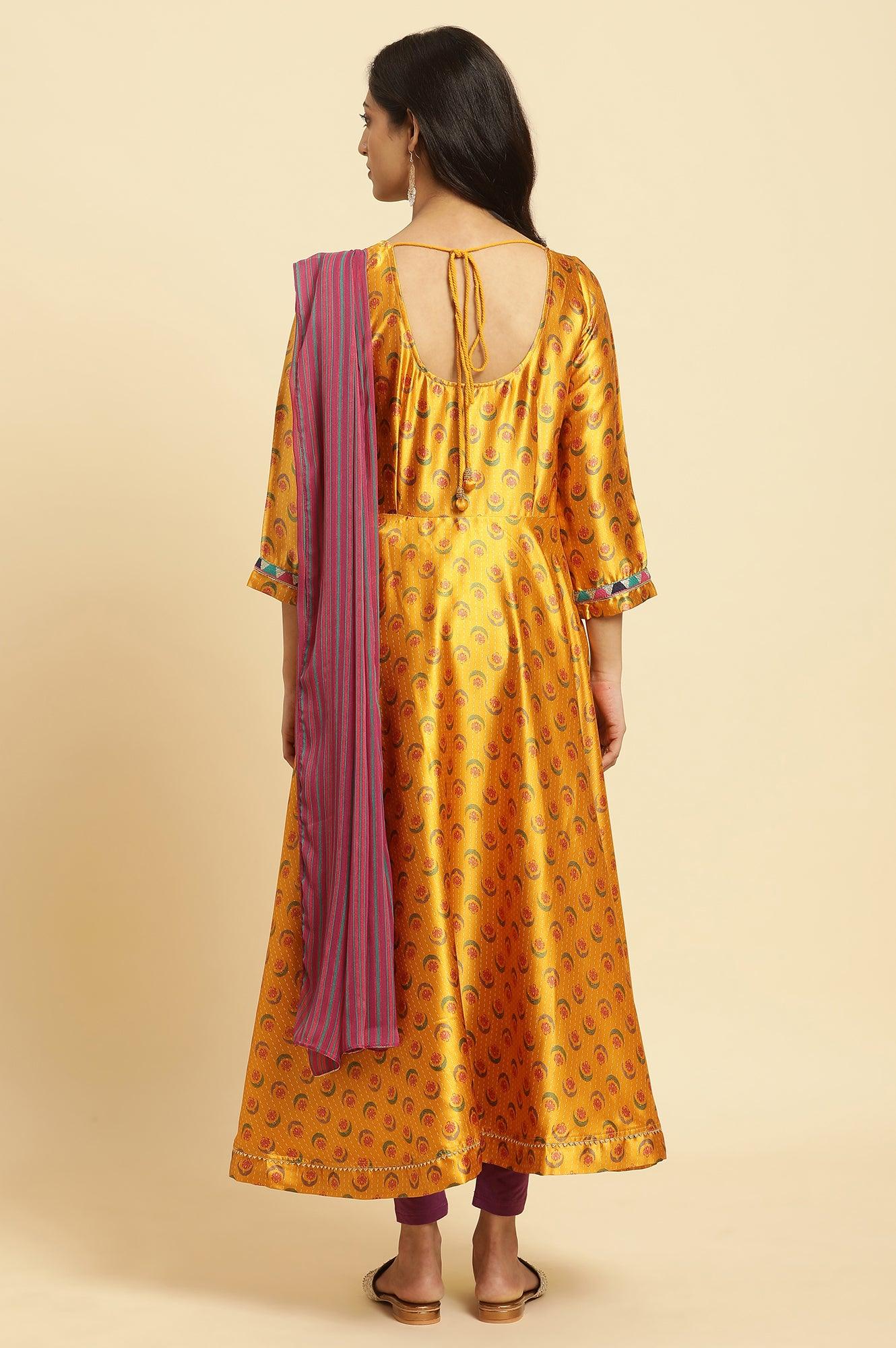 Yellow Floral Printed Satin Festive Anarkali Kurta and Leggings Set with Dupatta - Image 14