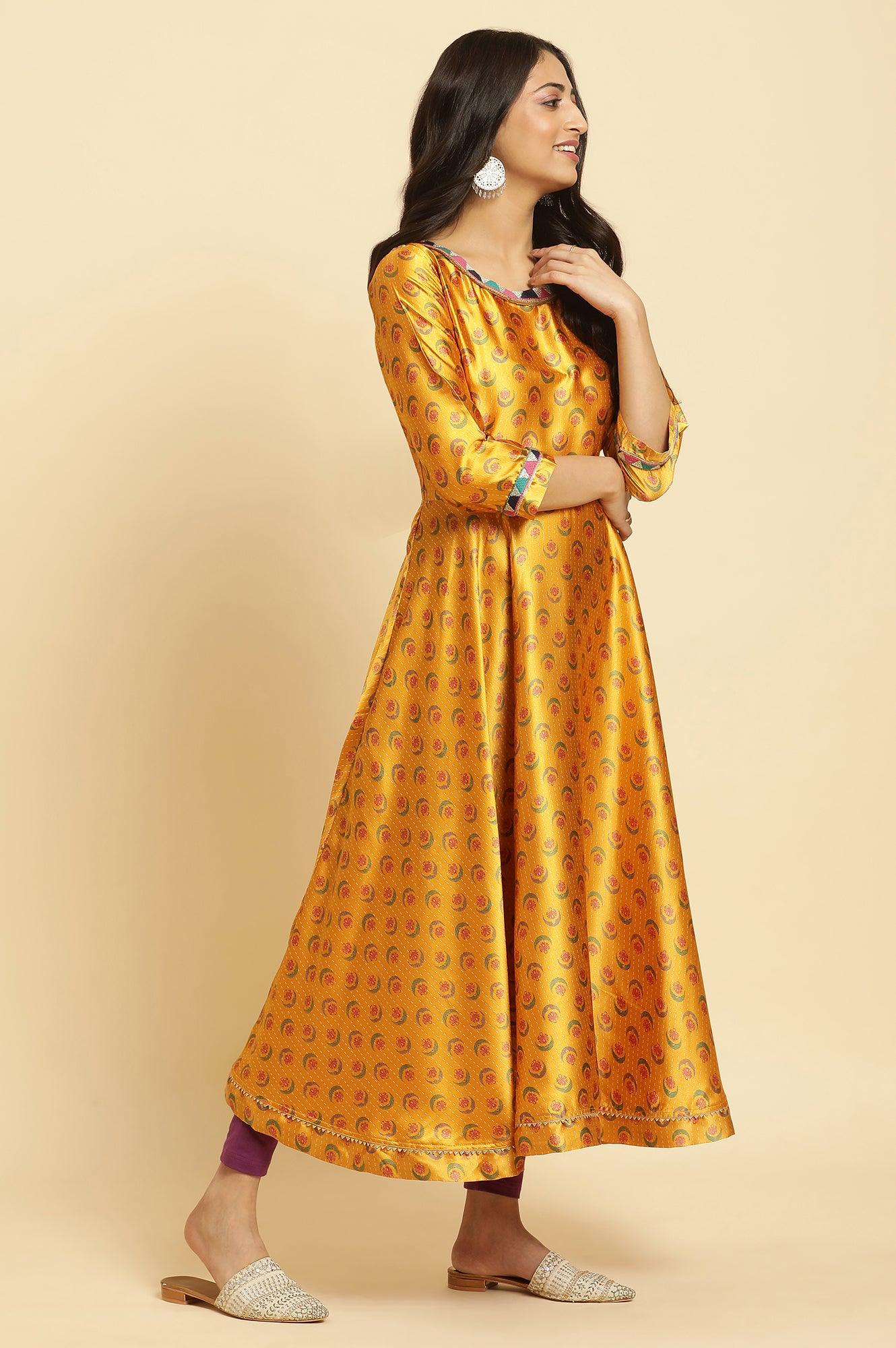 Yellow Floral Printed Satin Festive Anarkali Kurta and Leggings Set with Dupatta - Image 15
