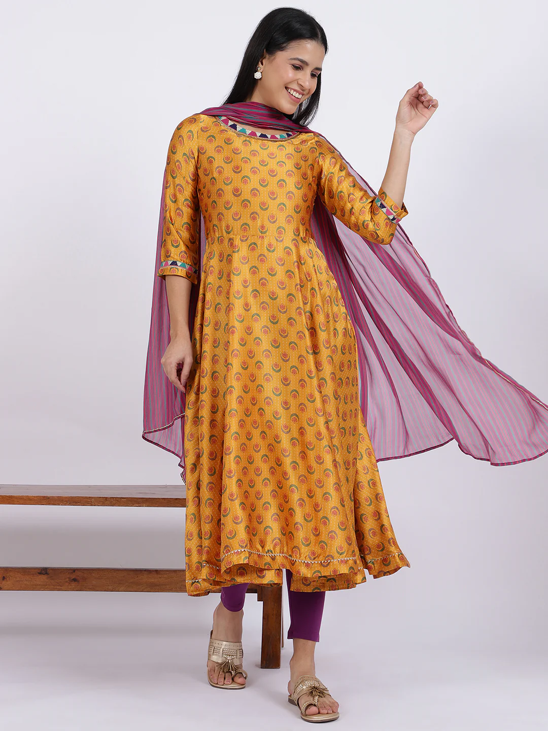 Yellow Floral Printed Satin Festive Anarkali Kurta and Leggings Set with Dupatta - Image 3