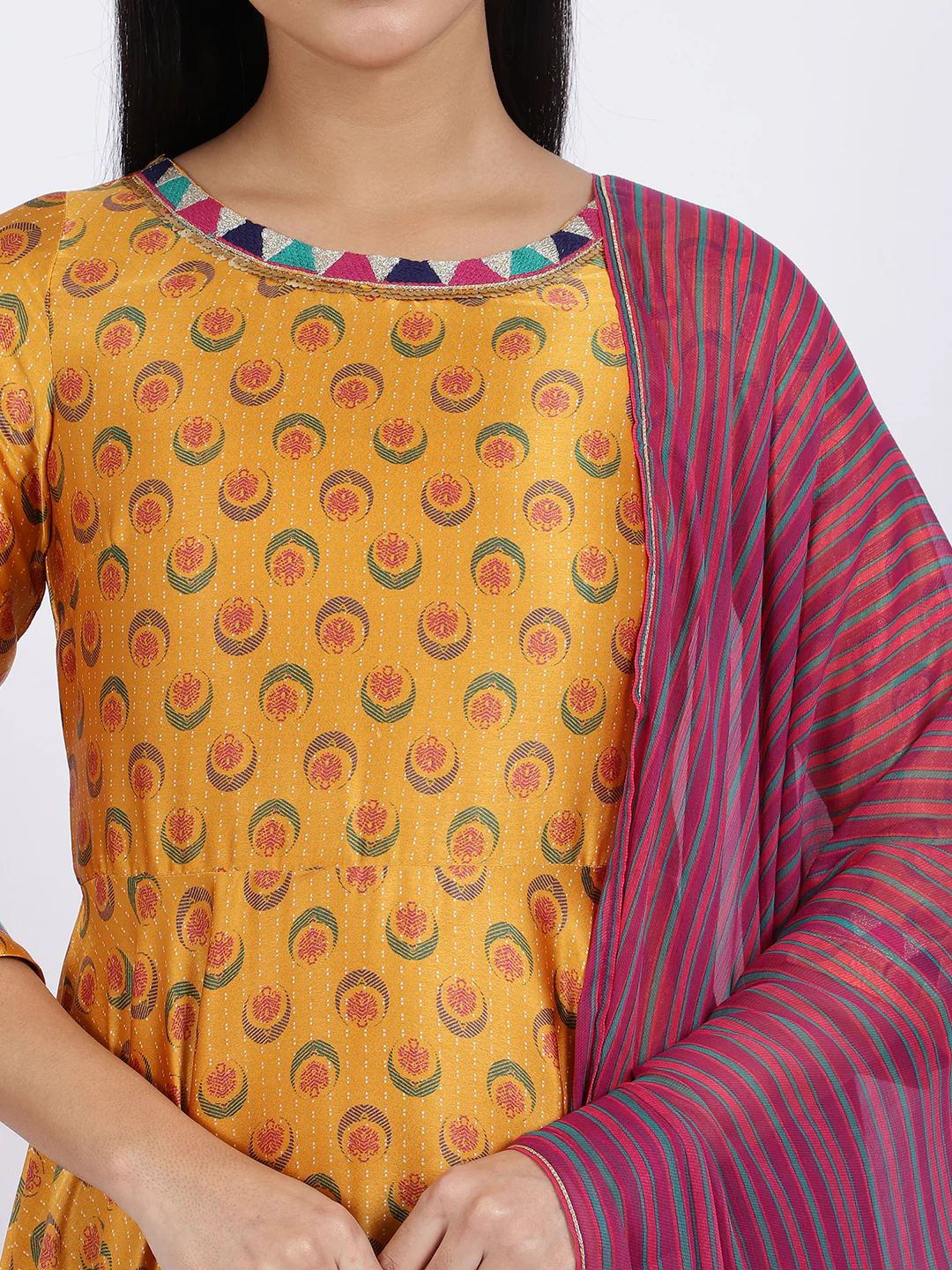 Yellow Floral Printed Satin Festive Anarkali Kurta and Leggings Set with Dupatta - Image 4