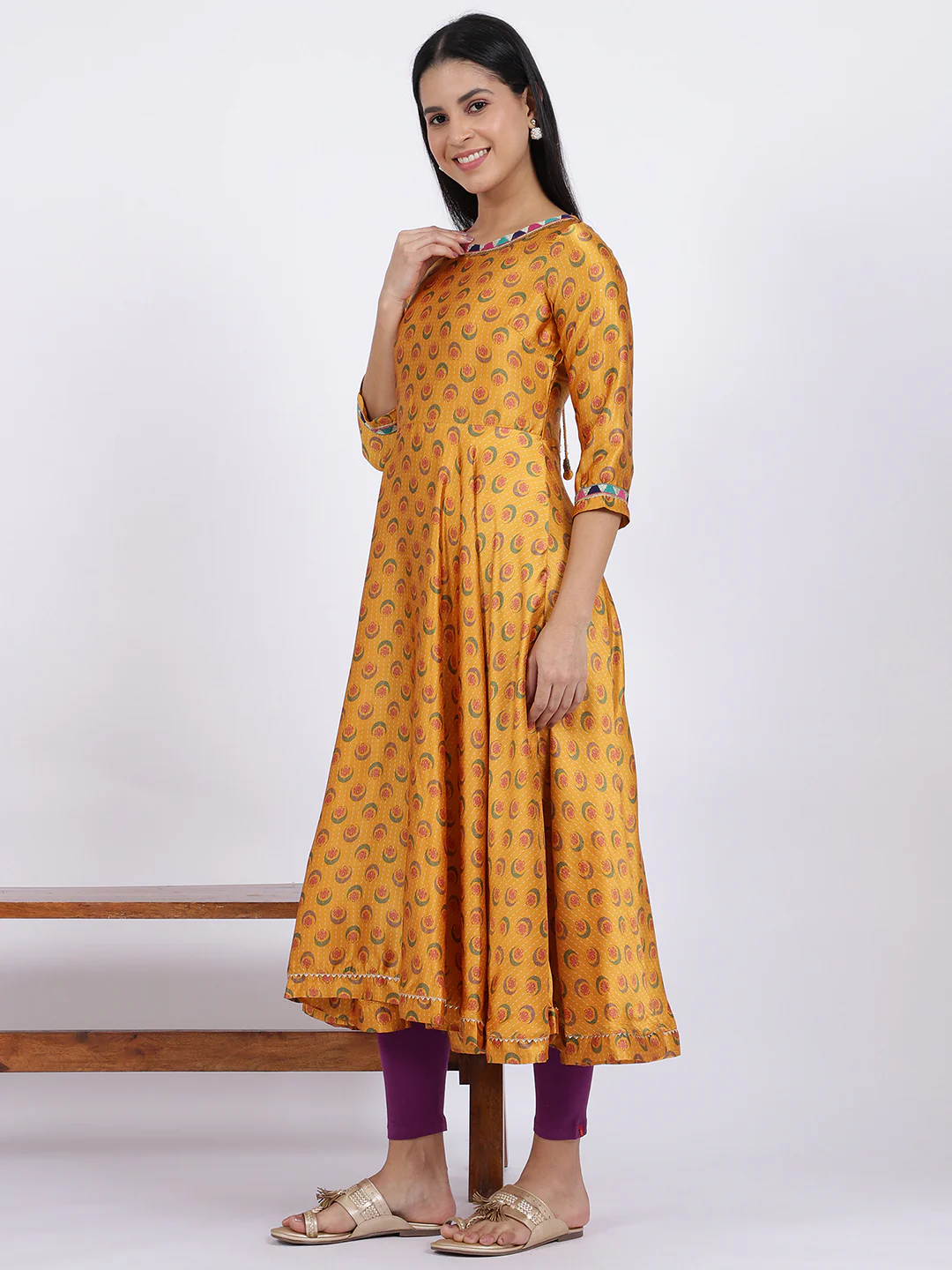 Yellow Floral Printed Satin Festive Anarkali Kurta and Leggings Set with Dupatta - Image 5