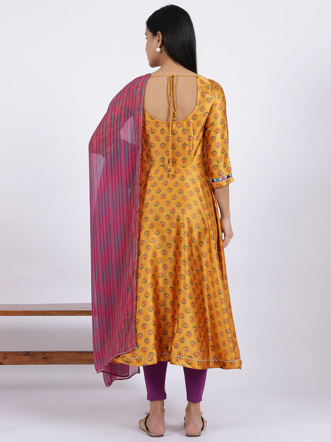 Yellow Floral Printed Satin Festive Anarkali Kurta and Leggings Set with Dupatta - Image 6