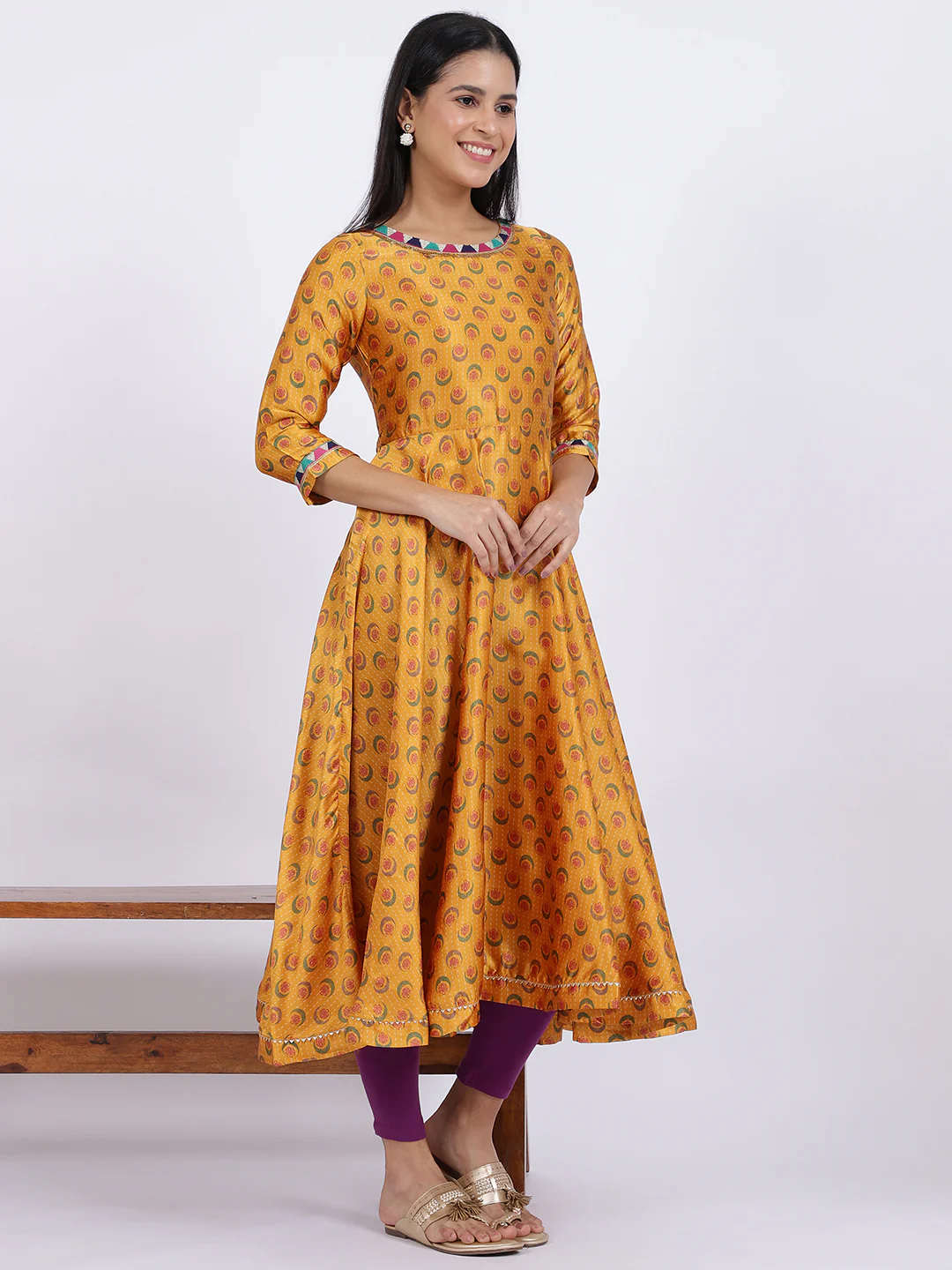 Yellow Floral Printed Satin Festive Anarkali Kurta and Leggings Set with Dupatta - Image 7