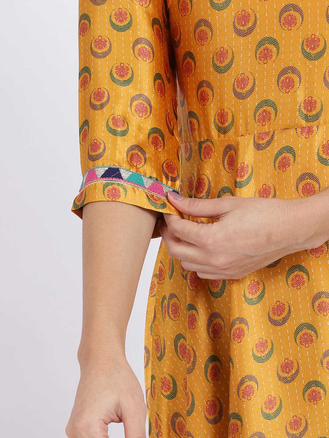Yellow Floral Printed Satin Festive Anarkali Kurta and Leggings Set with Dupatta - Image 8