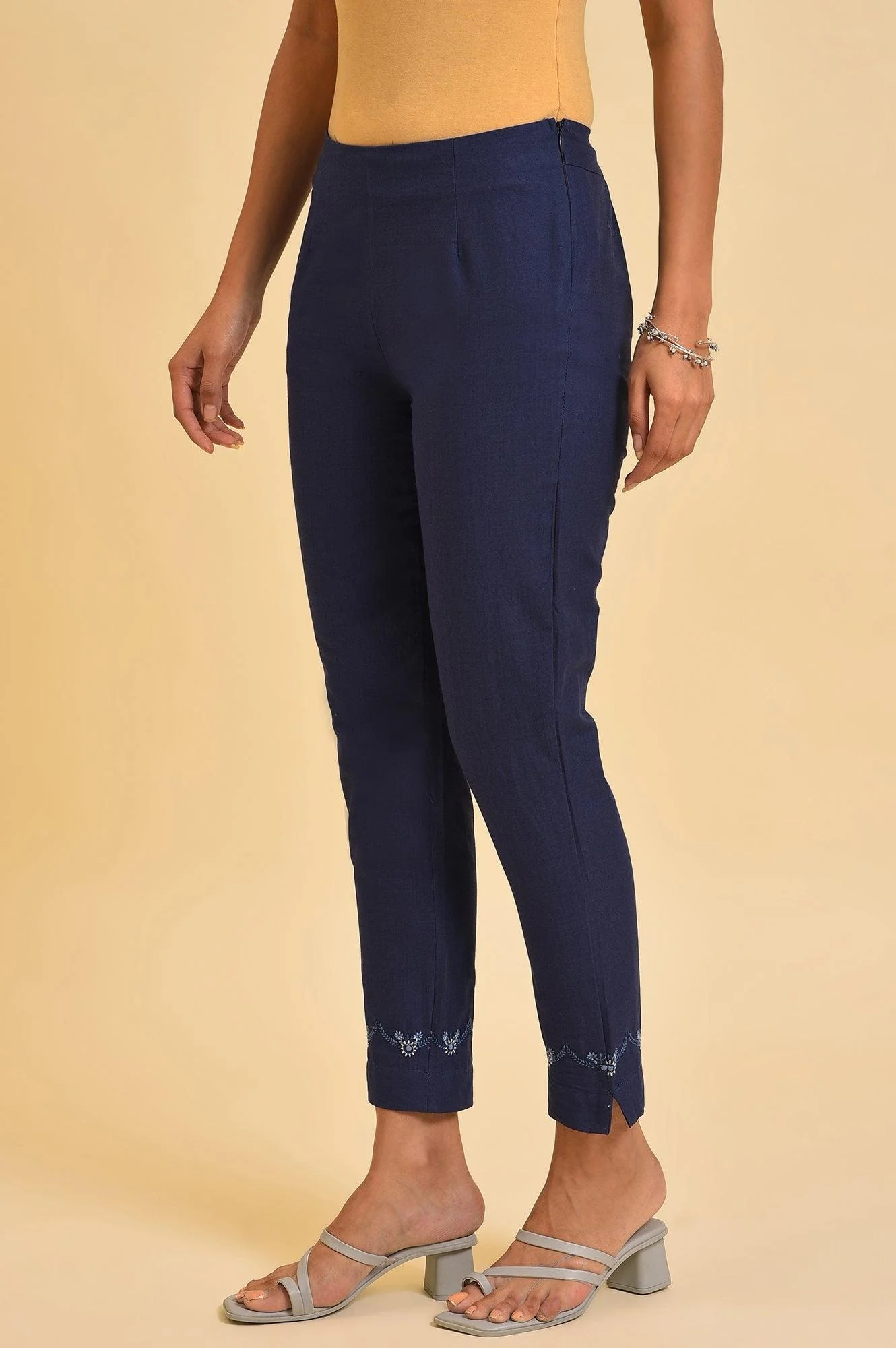 Navy Blue Cotton Slim Pants With Embroidered Hem - Image 3