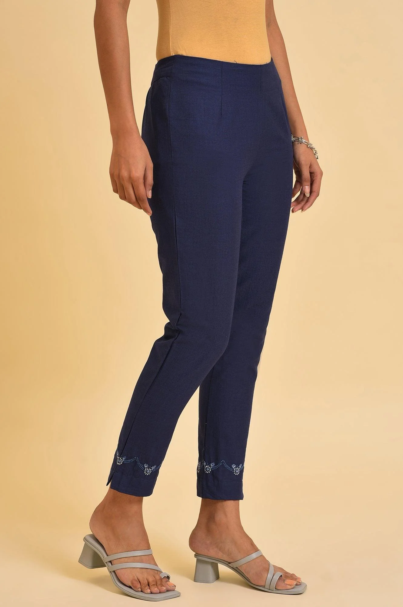 Navy Blue Cotton Slim Pants With Embroidered Hem - Image 4