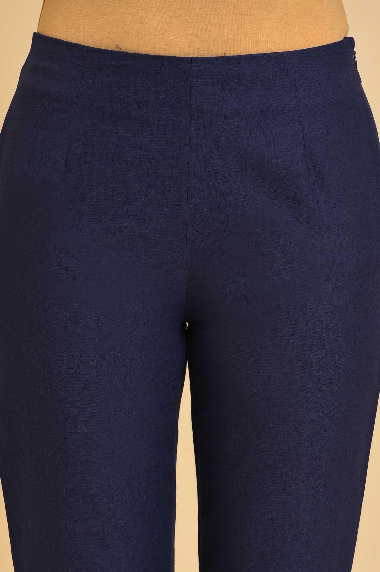 Navy Blue Cotton Slim Pants With Embroidered Hem - Image 6