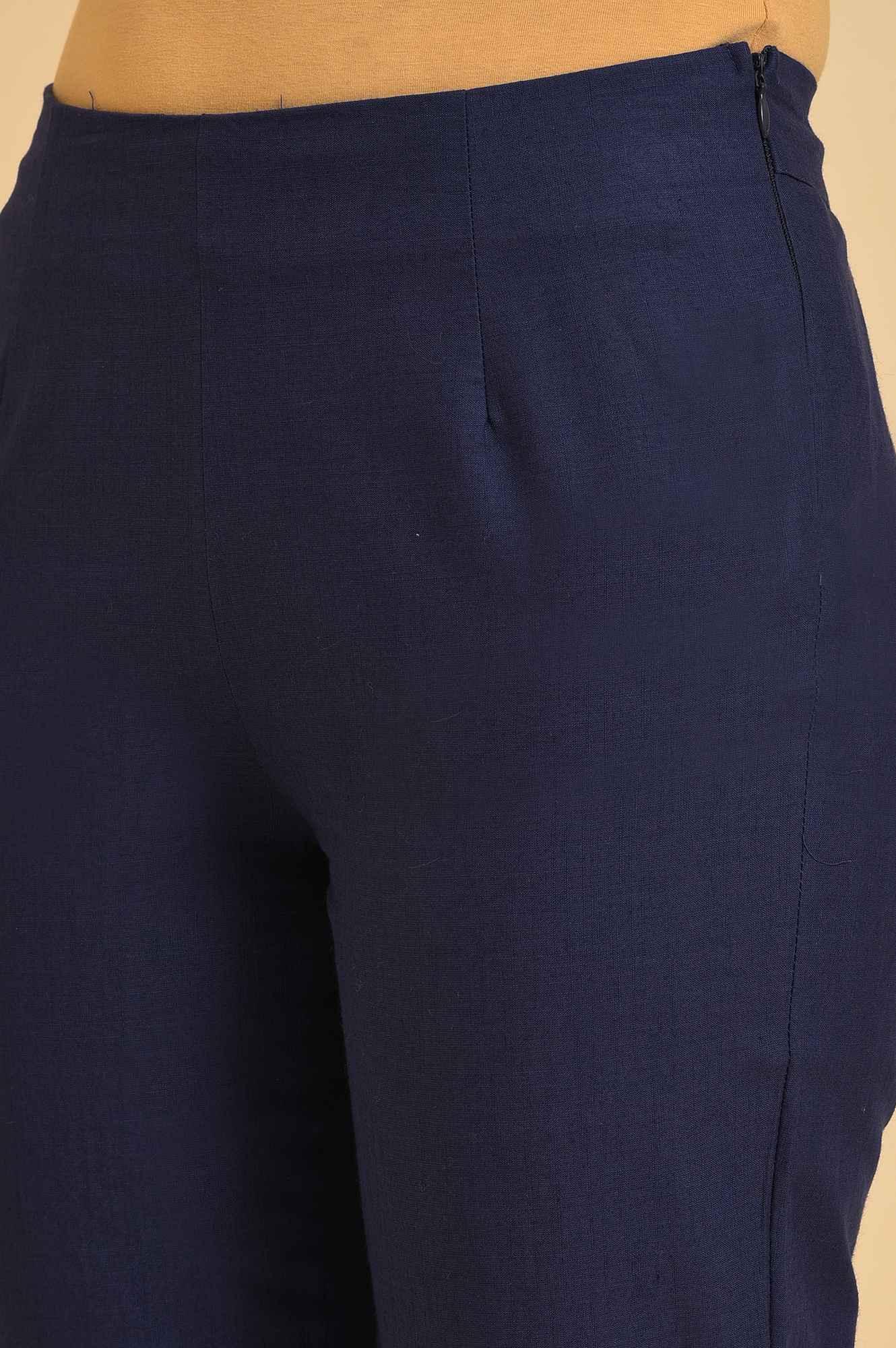 Navy Blue Cotton Slim Pants With Embroidered Hem - Image 7