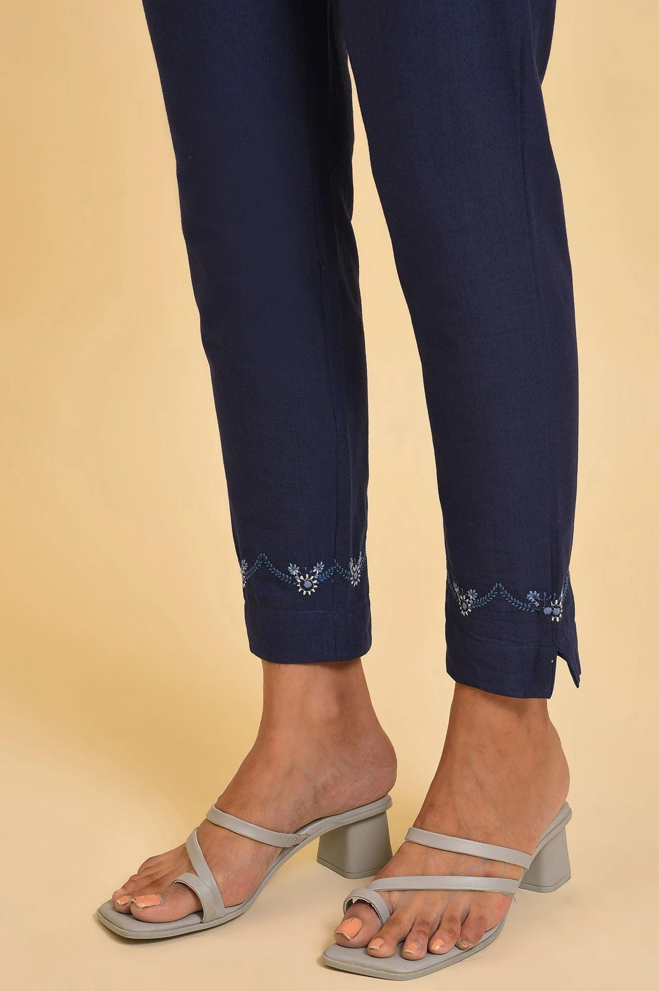 Navy Blue Cotton Slim Pants With Embroidered Hem - Image 8