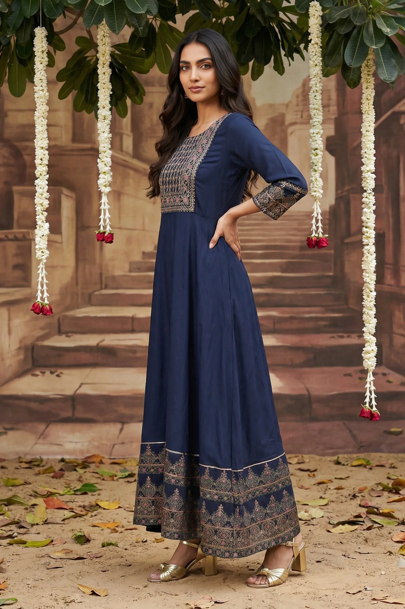 Navy Blue Embroidered Anarkali Dress - Image 3
