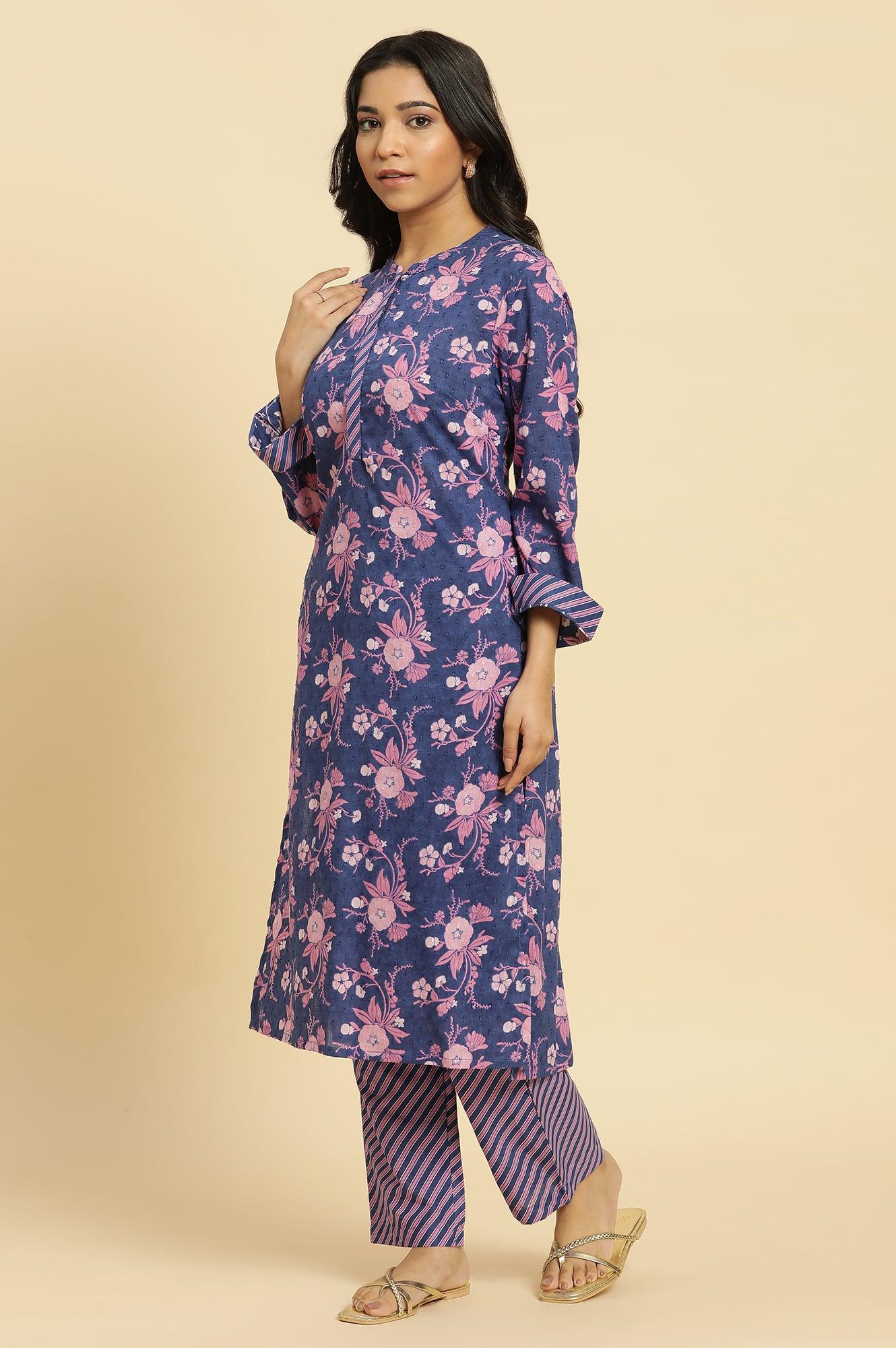 Navy Blue Floral Printed Kurta And Stripe Pants Set - Image 3
