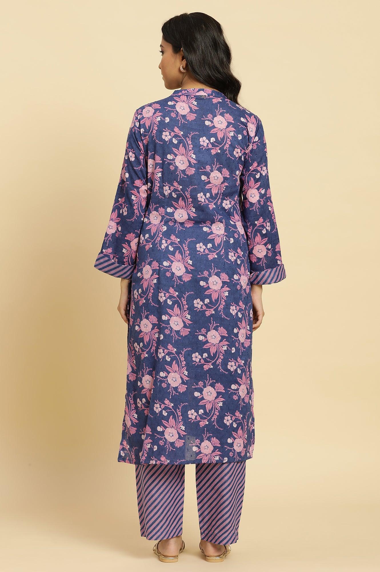Navy Blue Floral Printed Kurta And Stripe Pants Set - Image 4