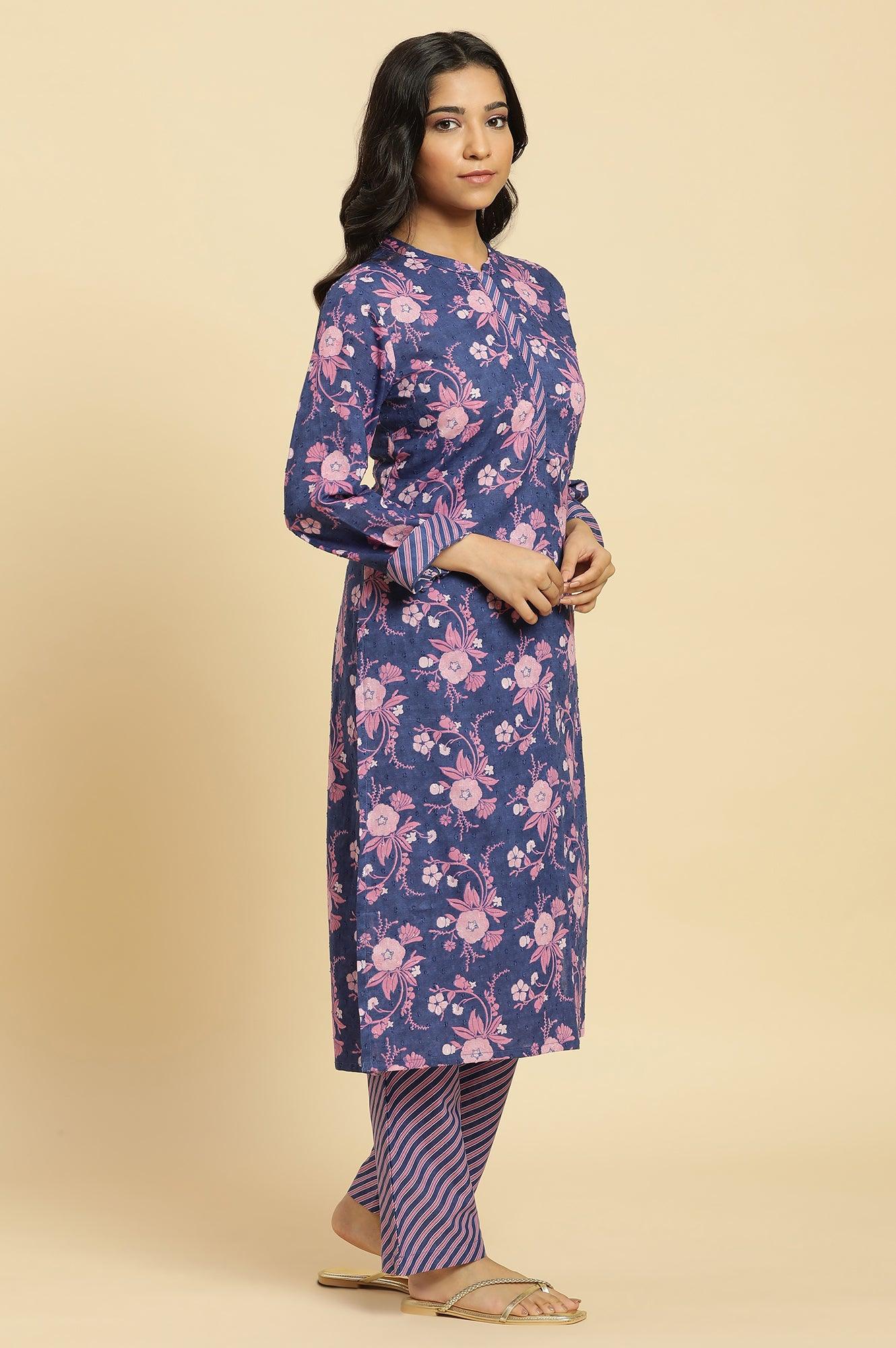 Navy Blue Floral Printed Kurta And Stripe Pants Set - Image 5