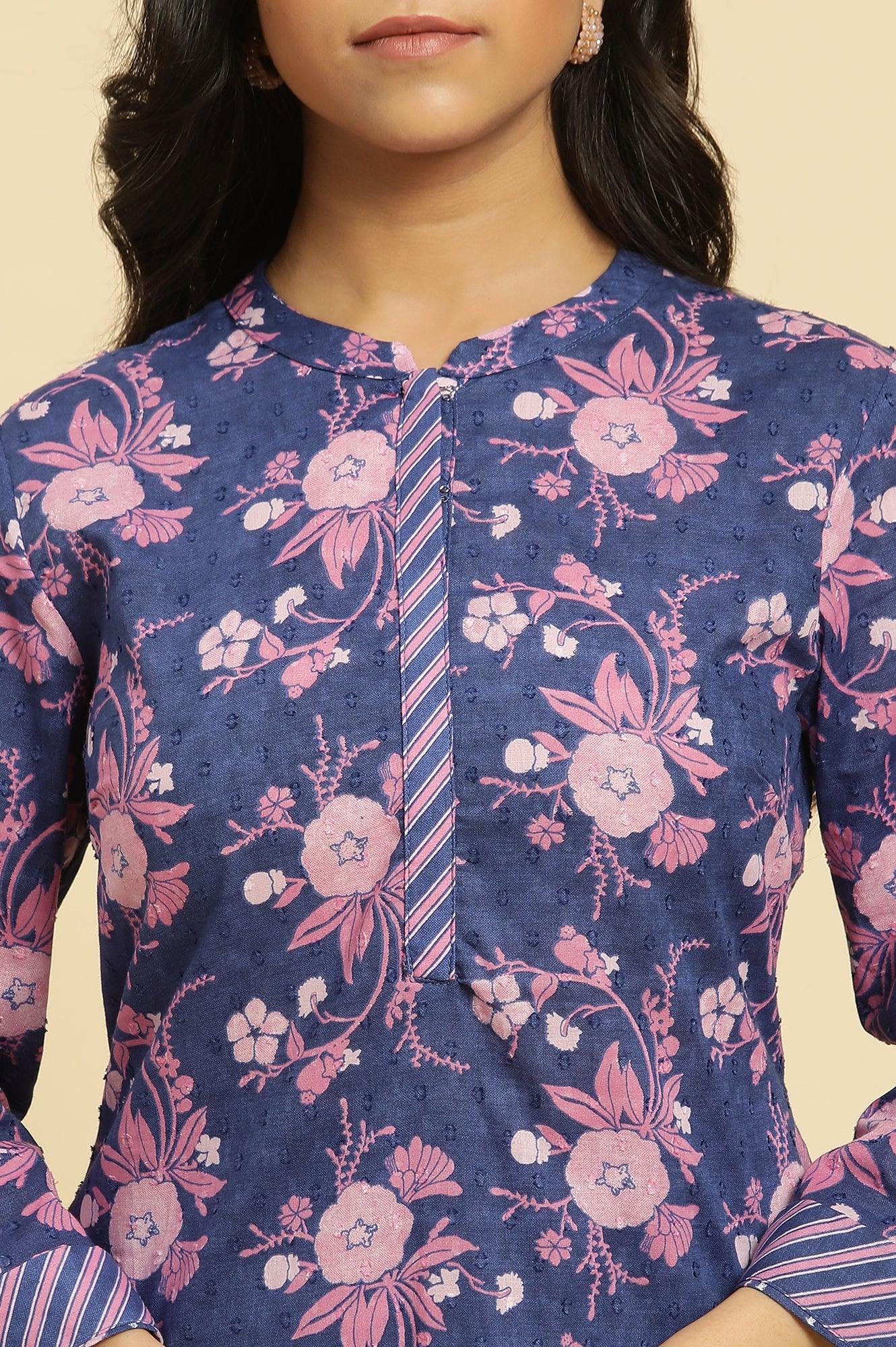 Navy Blue Floral Printed Kurta And Stripe Pants Set - Image 6